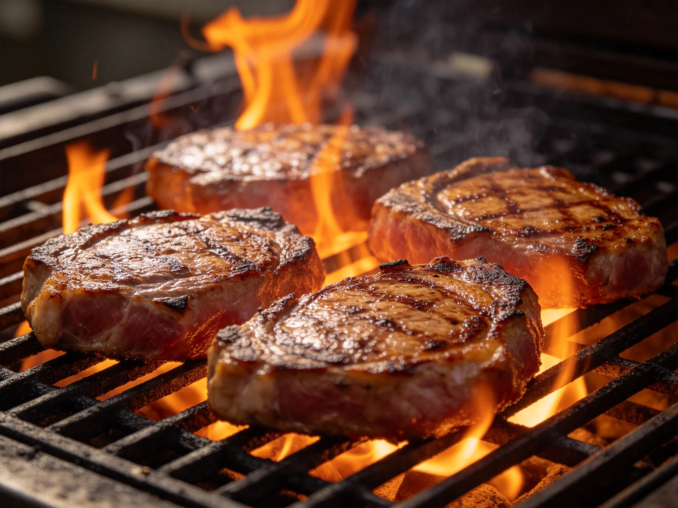 Four grilled steaks sizzle over bright orange flames