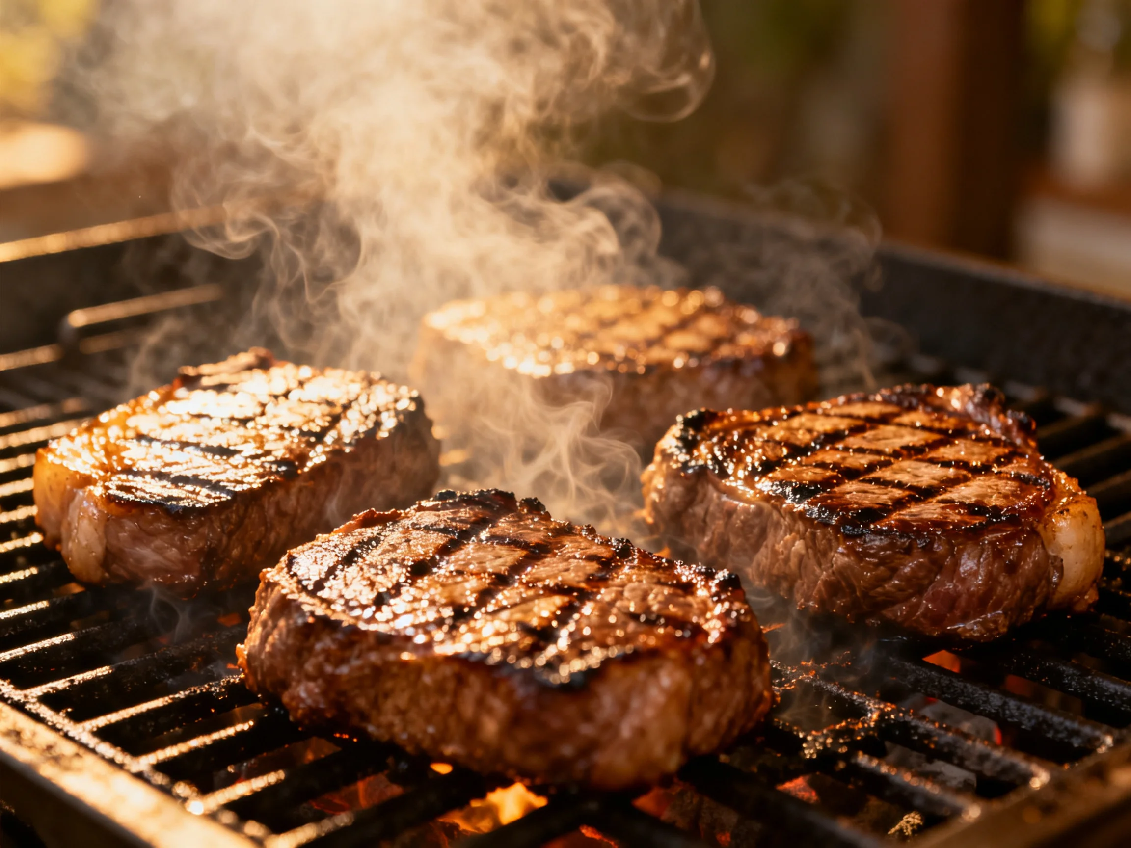 Four grilled steaks sizzle over glowing embers with rising smoke.