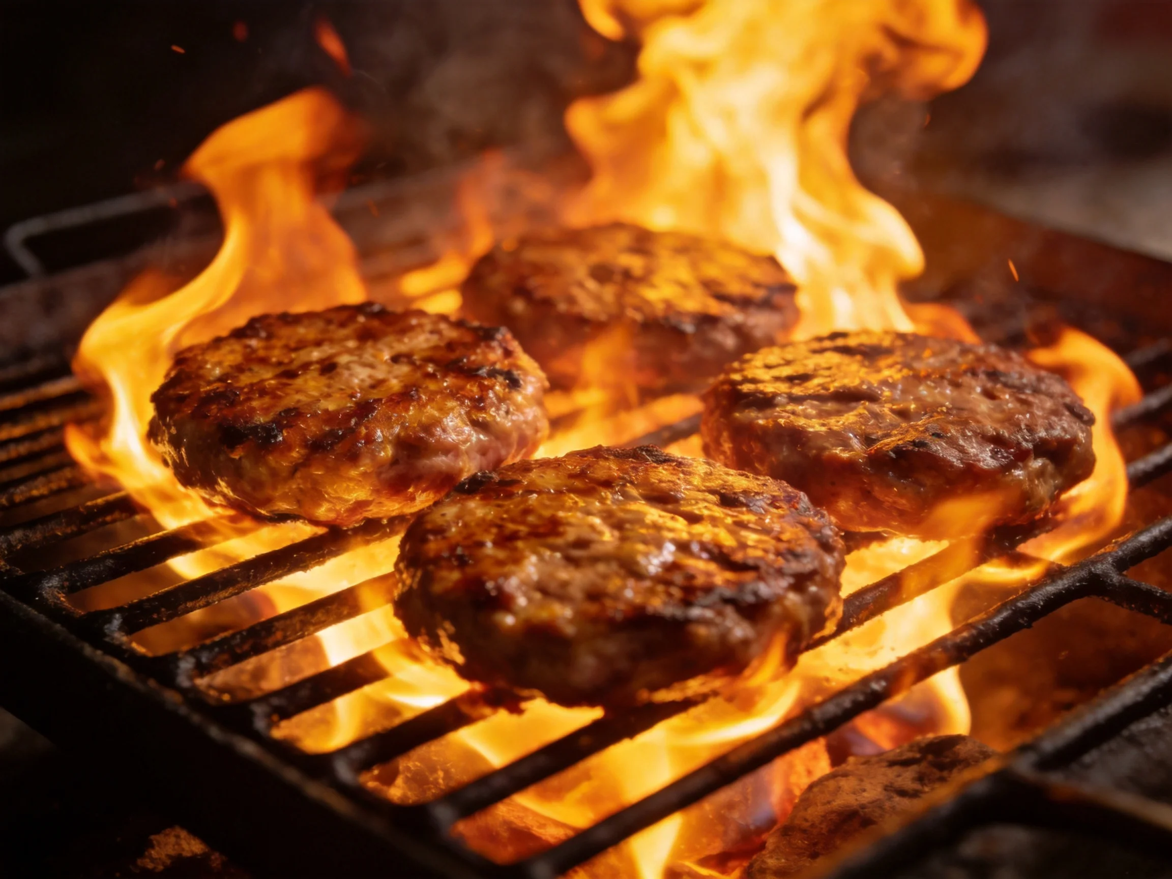 Four juicy burger patties grilled over vivid flames