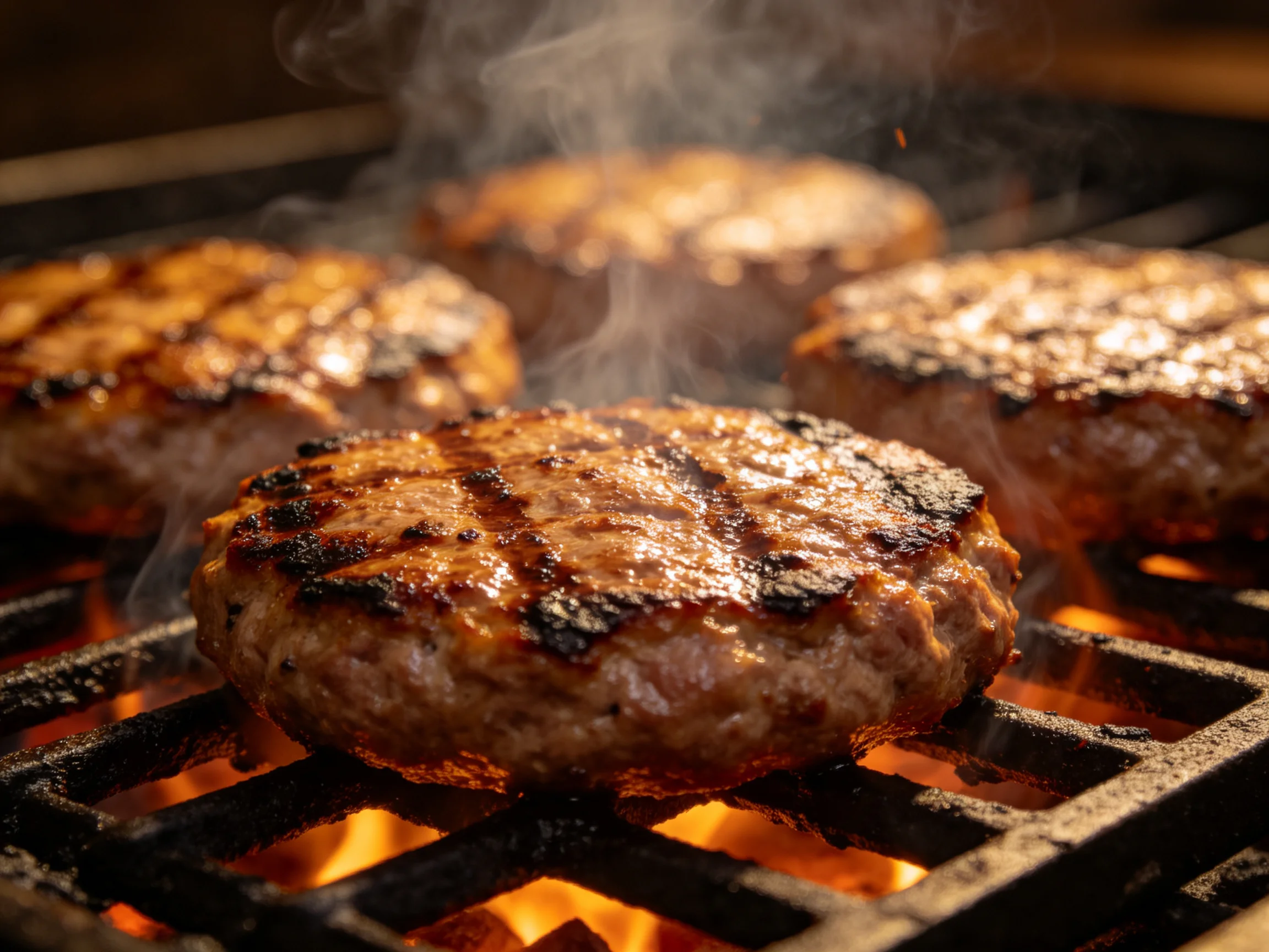 Four juicy burger patties grilling over bright orange flames
