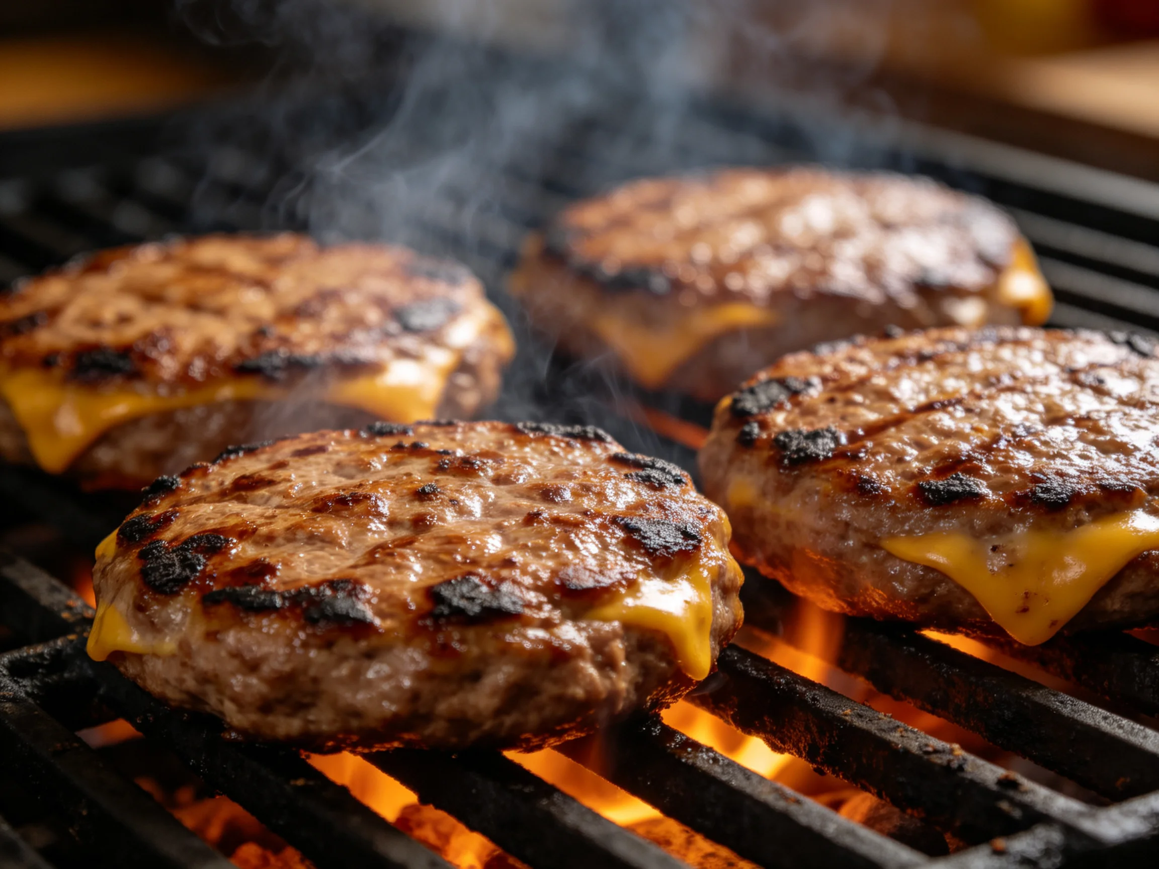 Four juicy cheeseburgers sizzling on a flaming grill