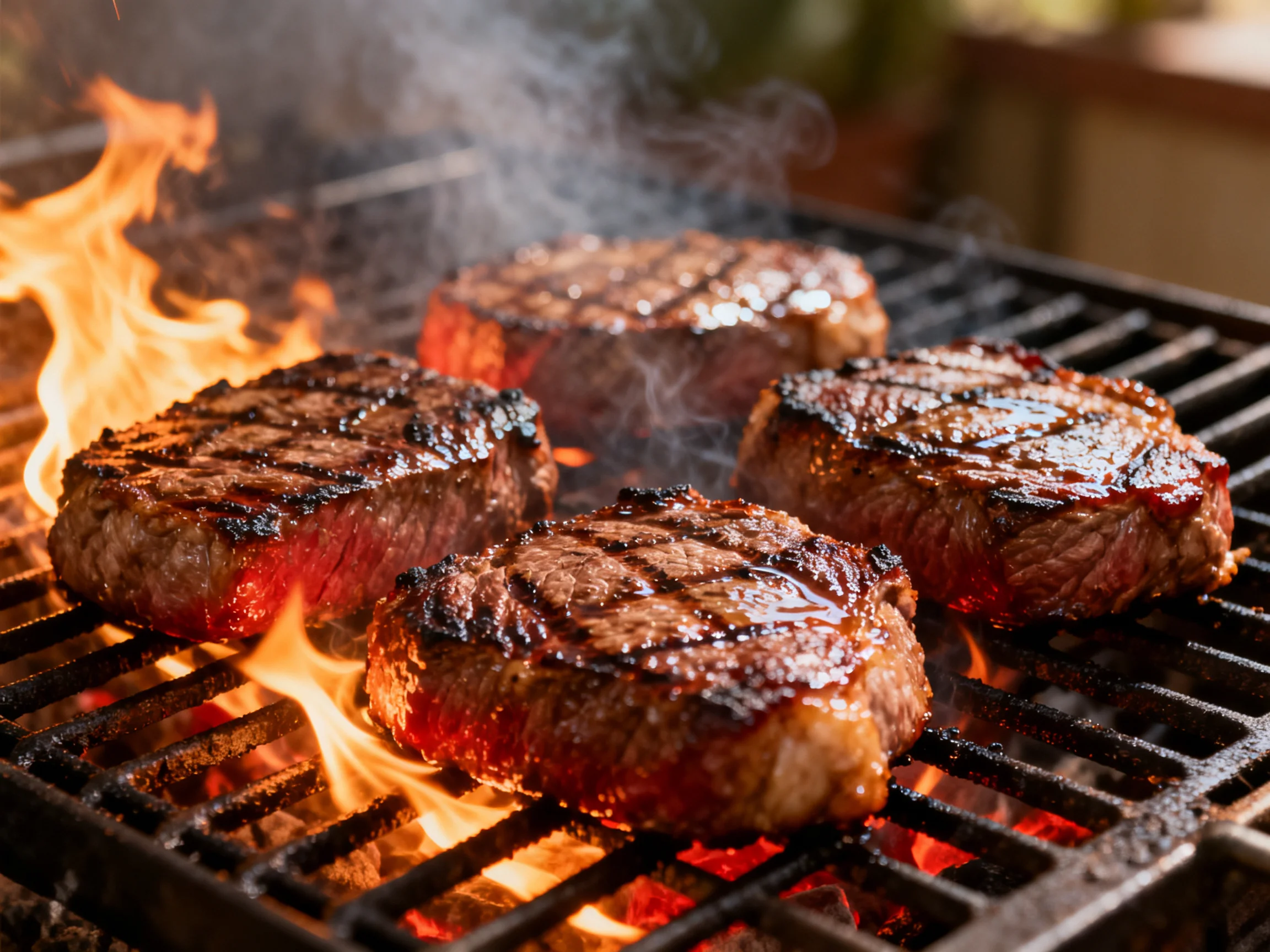 Four juicy steaks cook over bright flames on a black grill