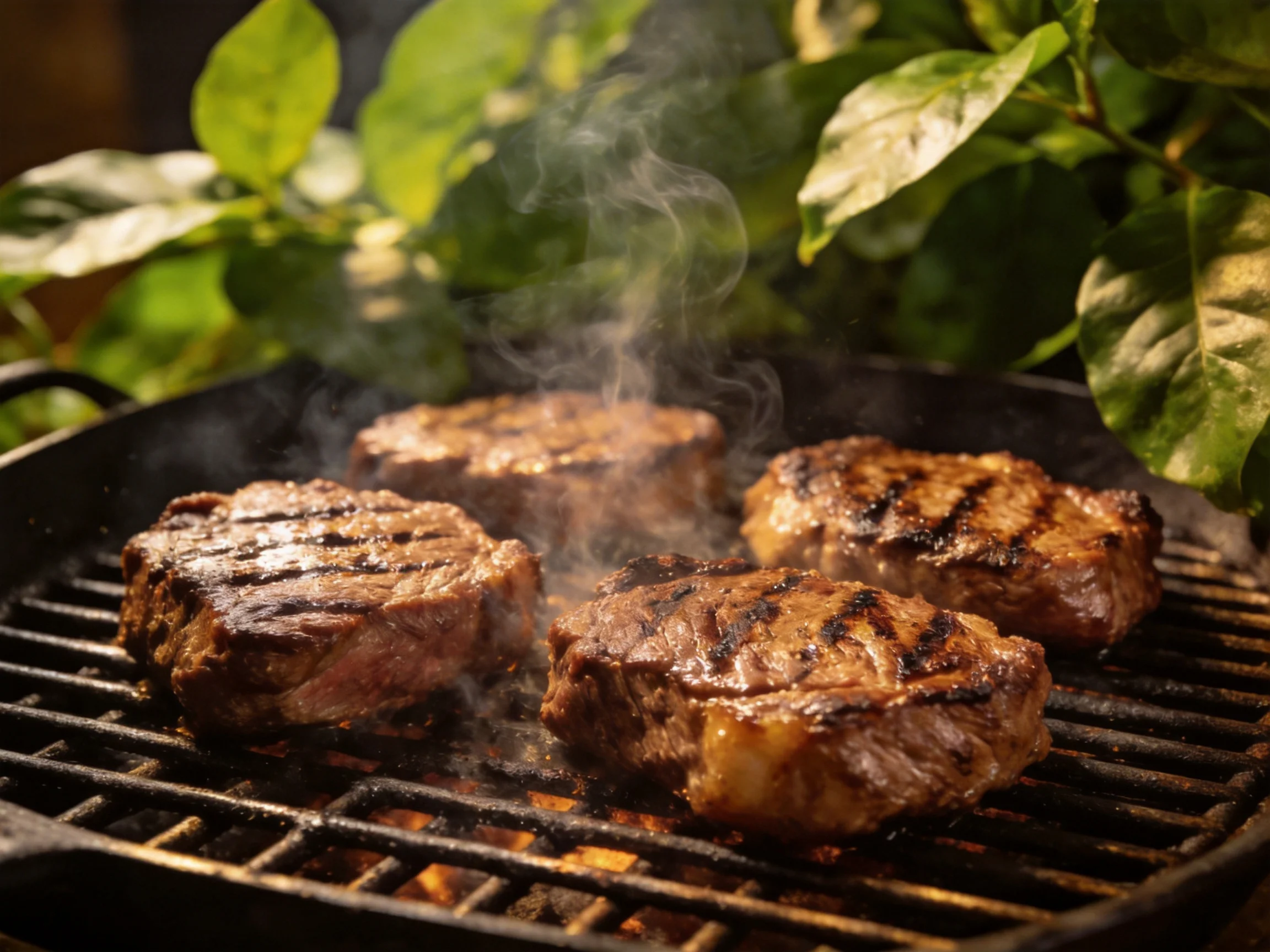Four juicy steaks sizzle on a black grill with lush green foliage