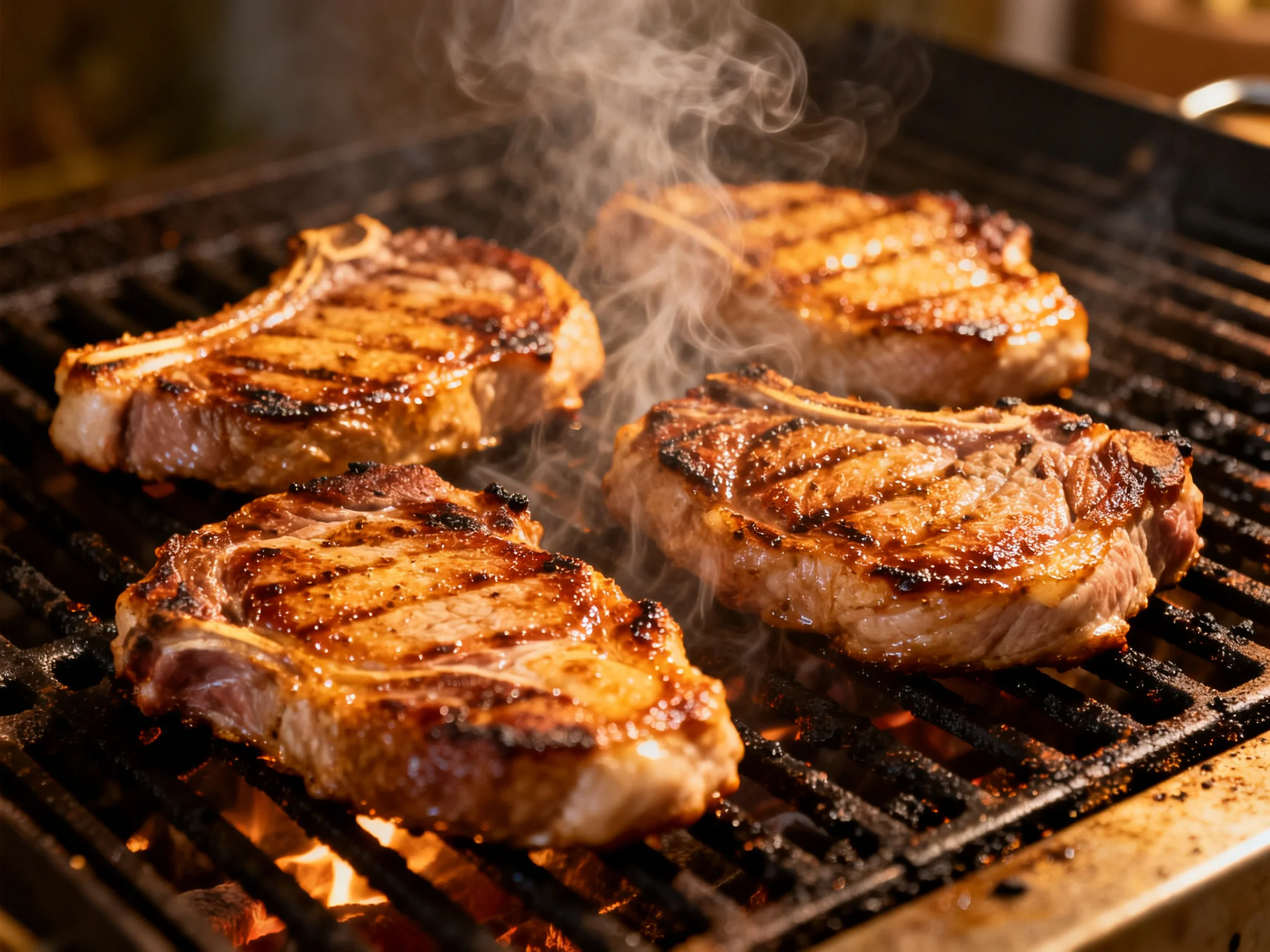Four juicy steaks sizzle on a blackened grill with rising smoke