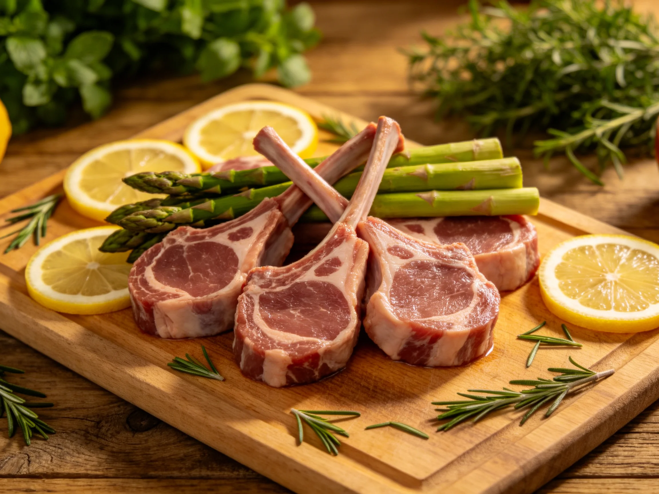 Four lamb chops, fresh asparagus, lemons, and herbs