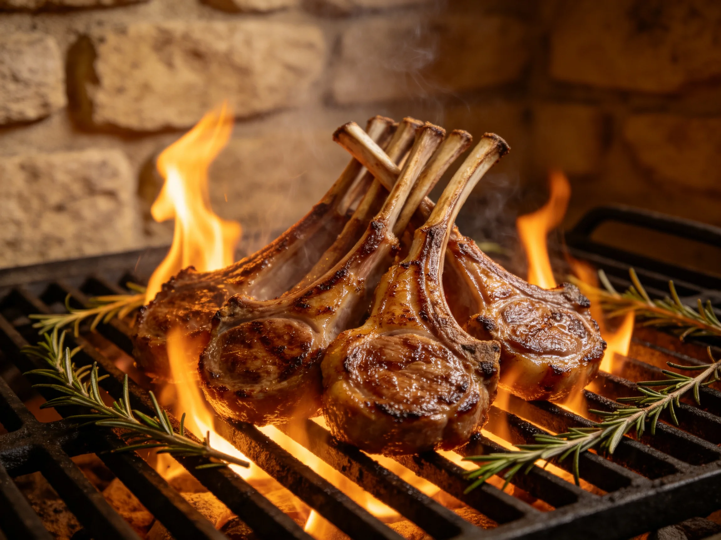 Four lamb chops sizzle over bright flames on a black grill