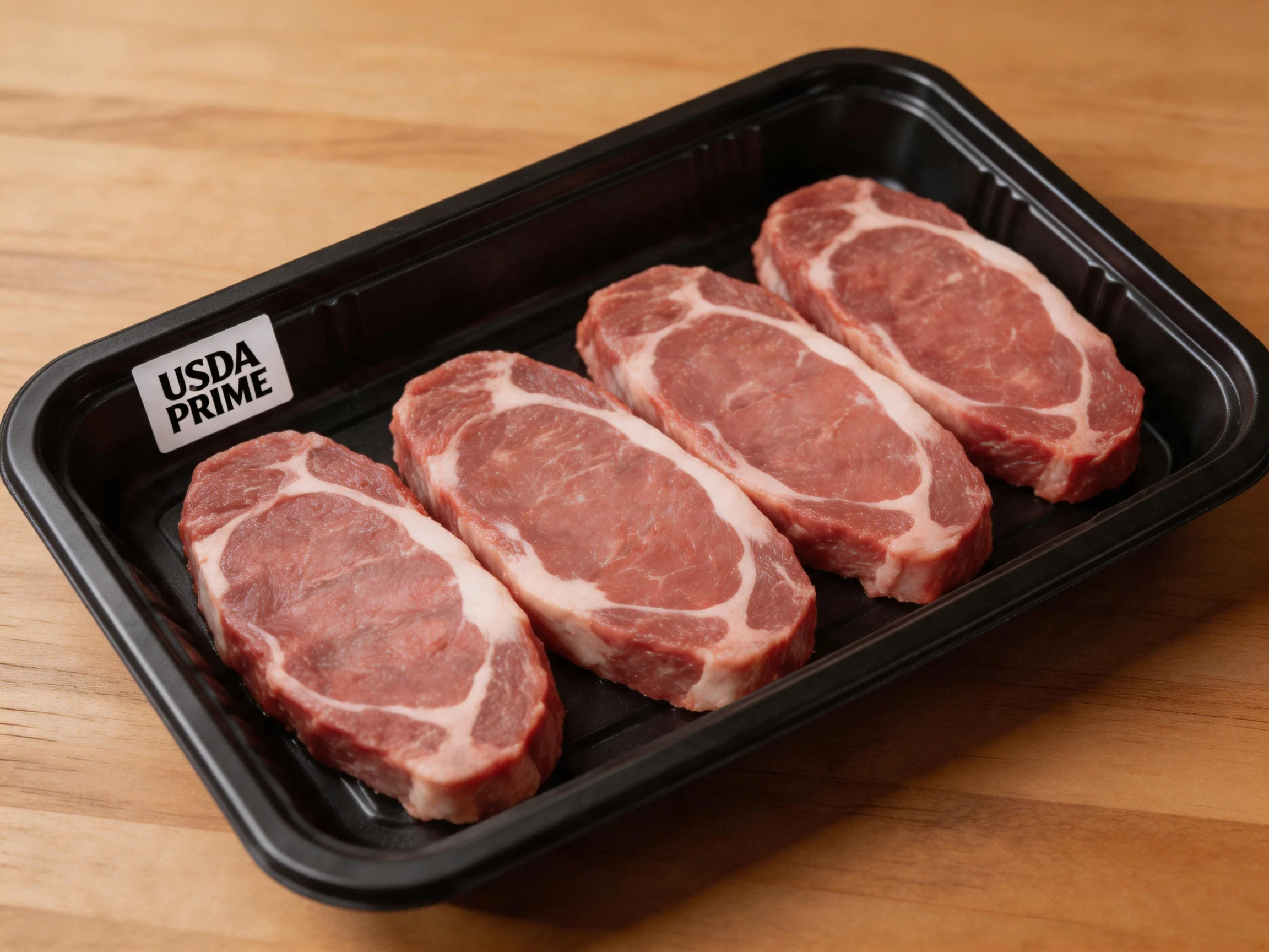 Four marbled pork cuts in a black tray labeled USDA Prime