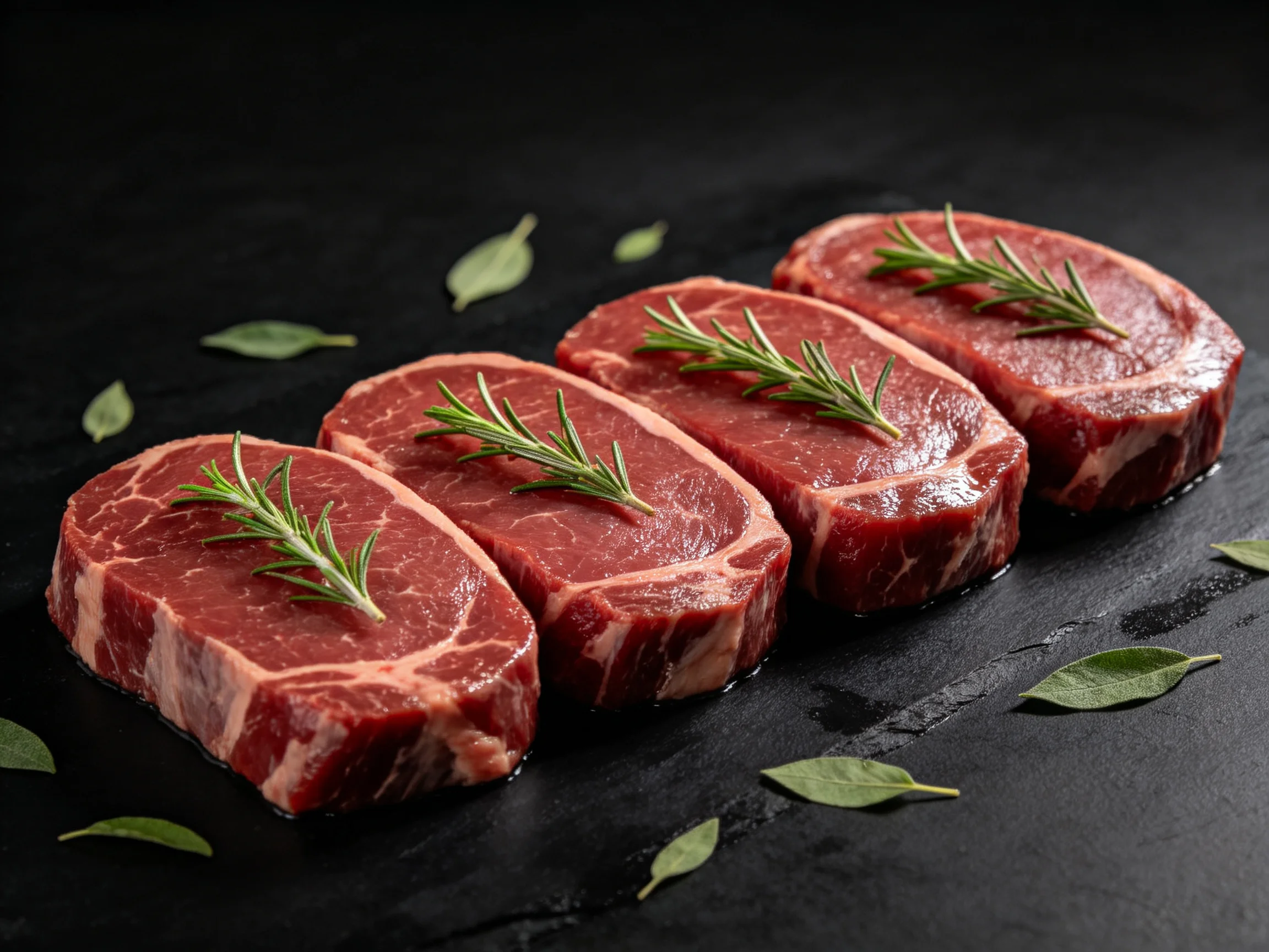 Four marbled red steaks garnished with rosemary on a black slate