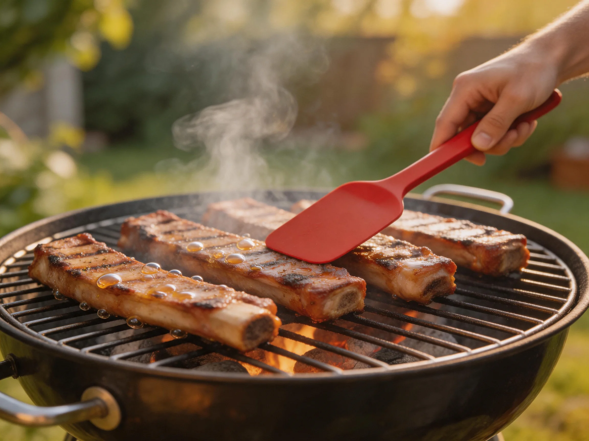 Four marinated pork ribs grilling on a black charcoal barbecue