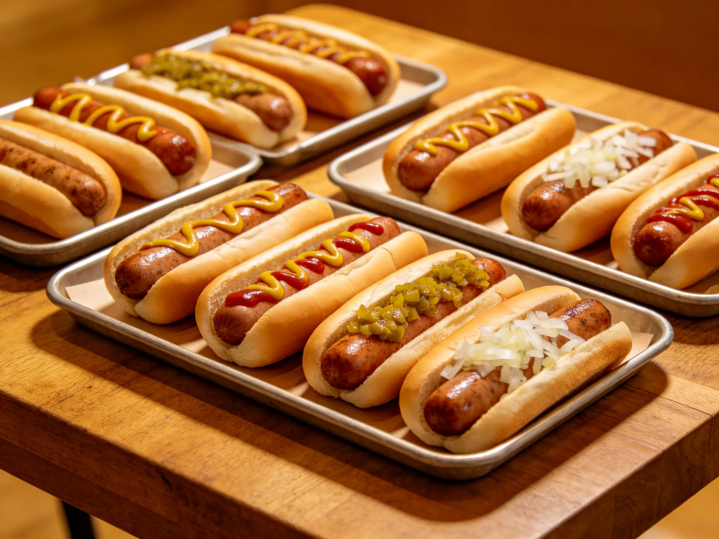 Four metal trays display hot dogs with mustard, relish, and onions