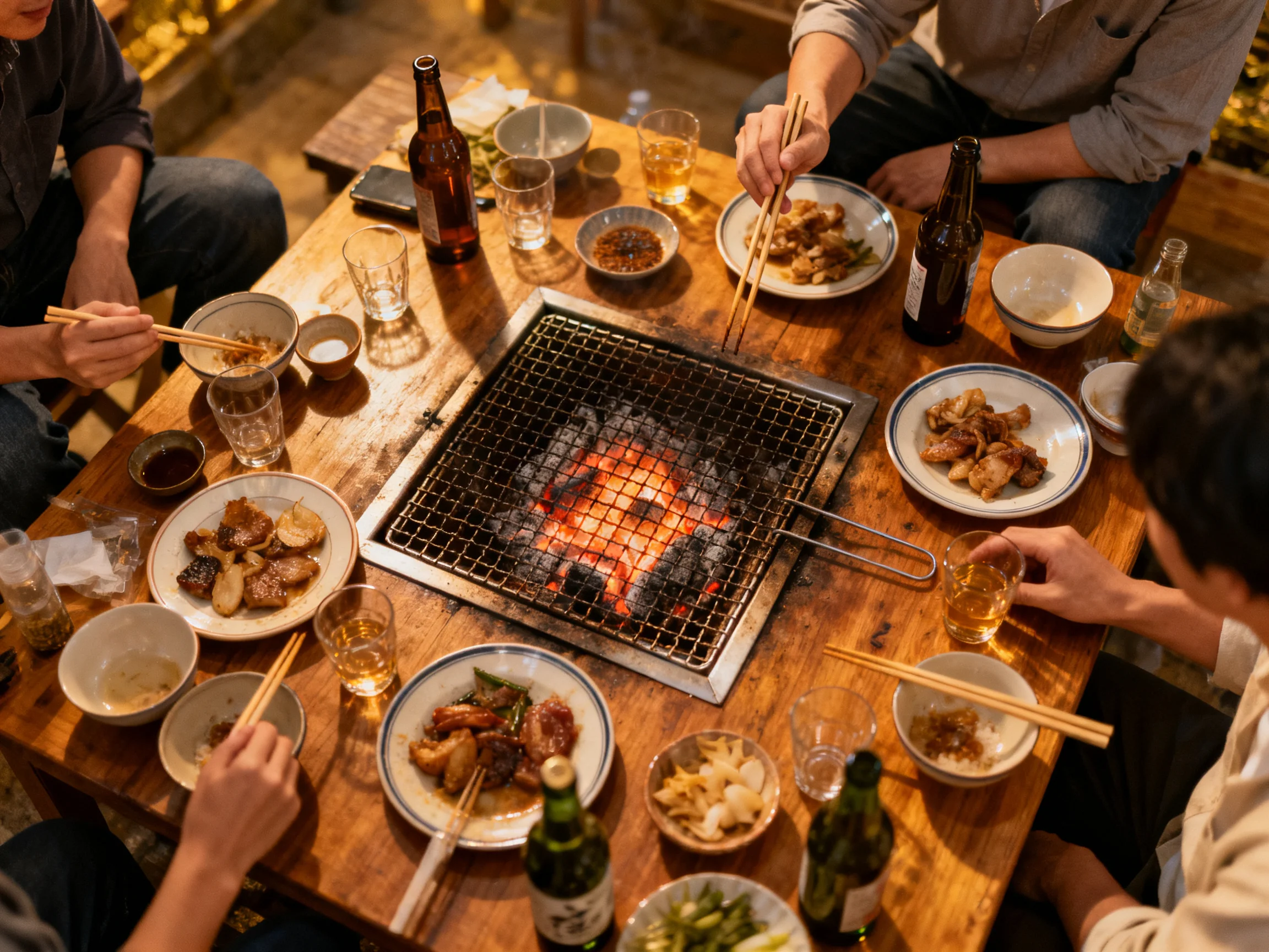 Four people share a communal meal around a central charcoal grill