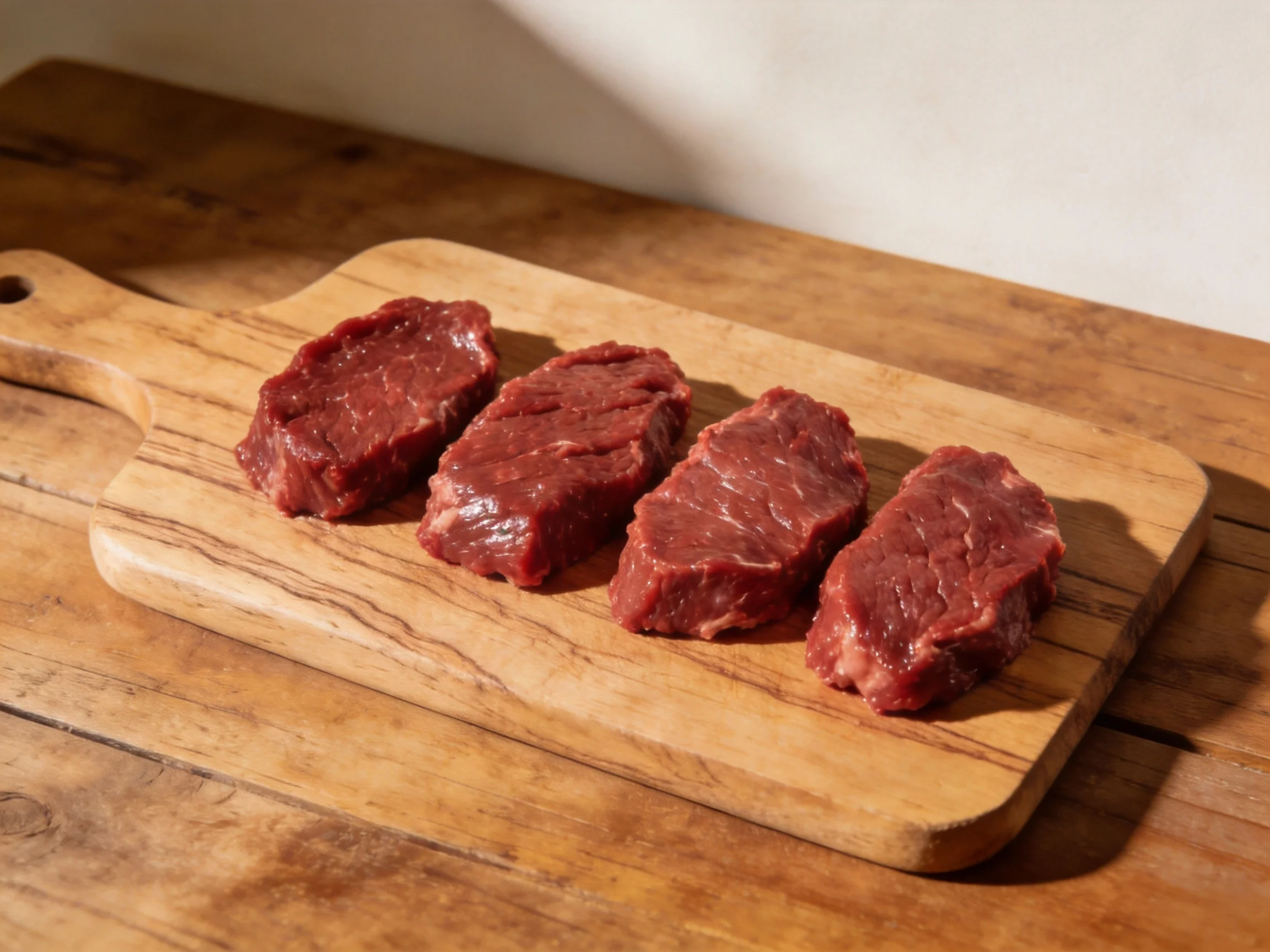 Four pieces of raw red beef on a wooden cutting board