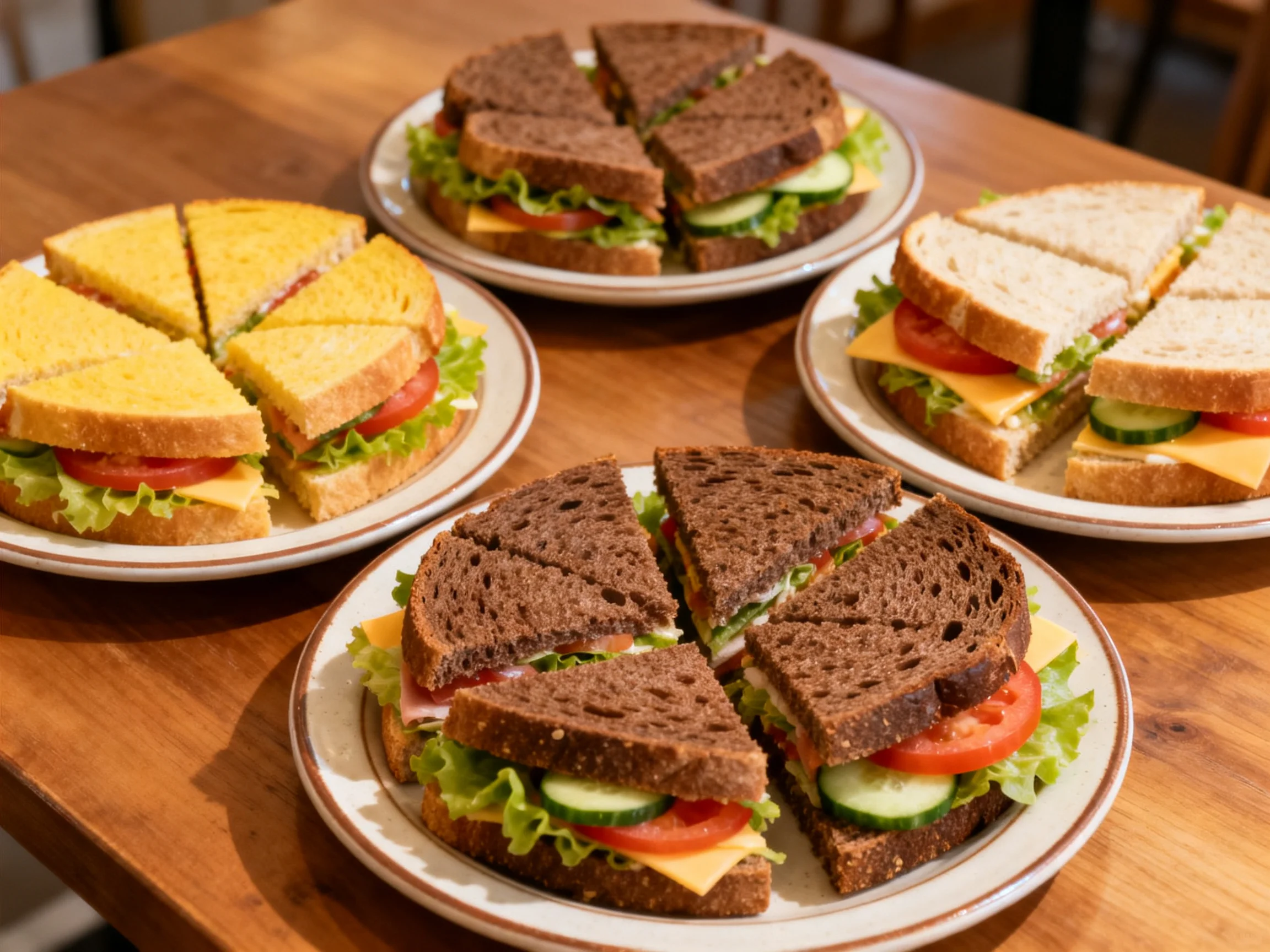 Four plates hold assorted sandwiches with brown, white, and cornbread