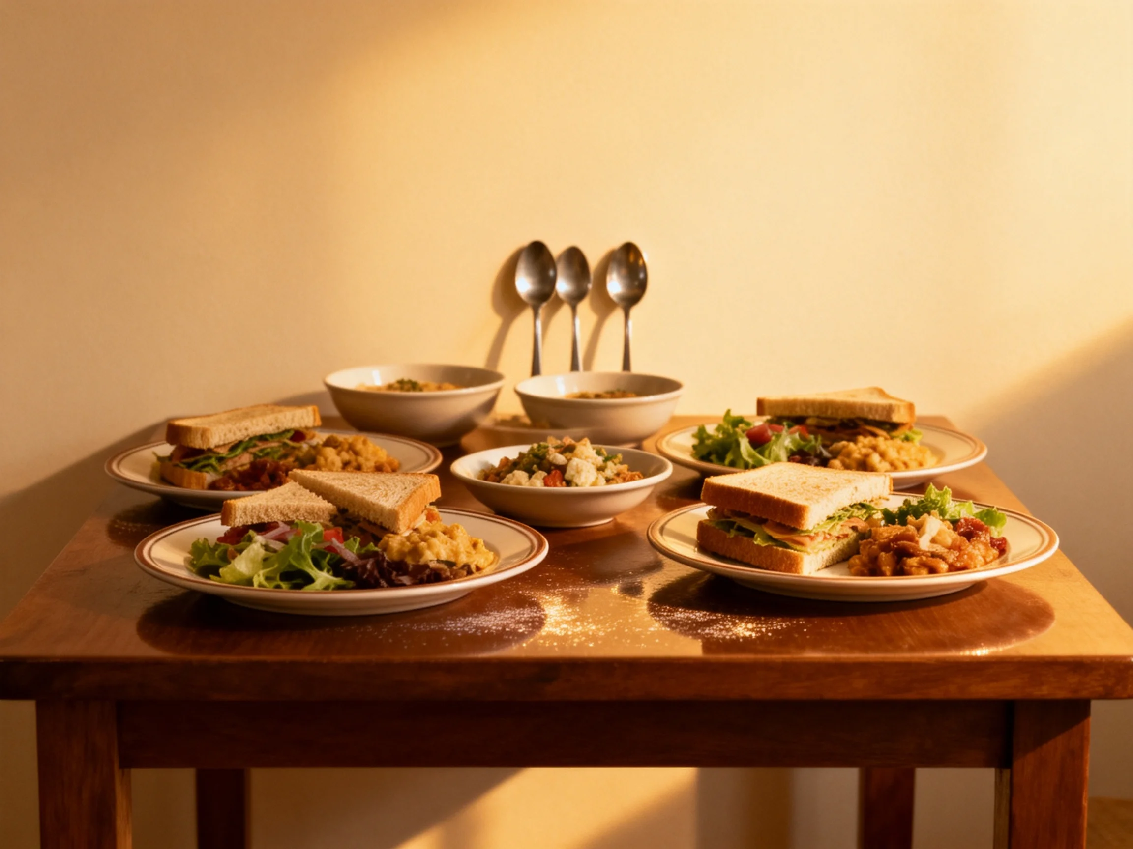 Four plates of sandwiches and three bowls on a wooden table with spoons
