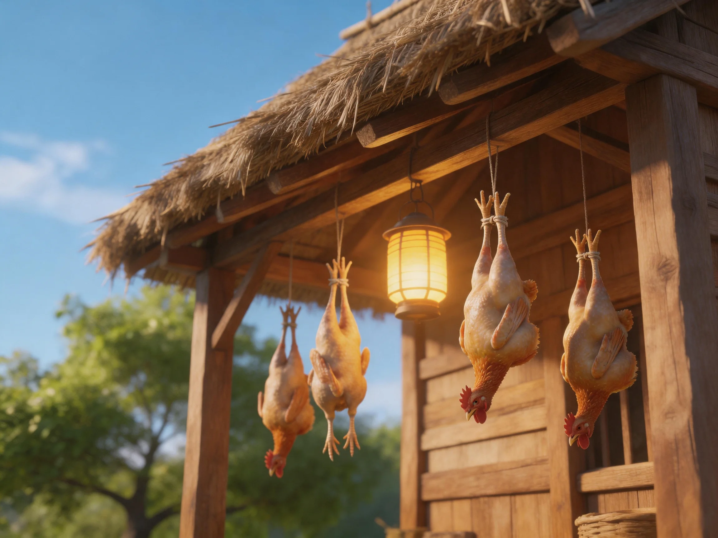 Four plump chickens hang near a wooden cabin with a glowing lantern