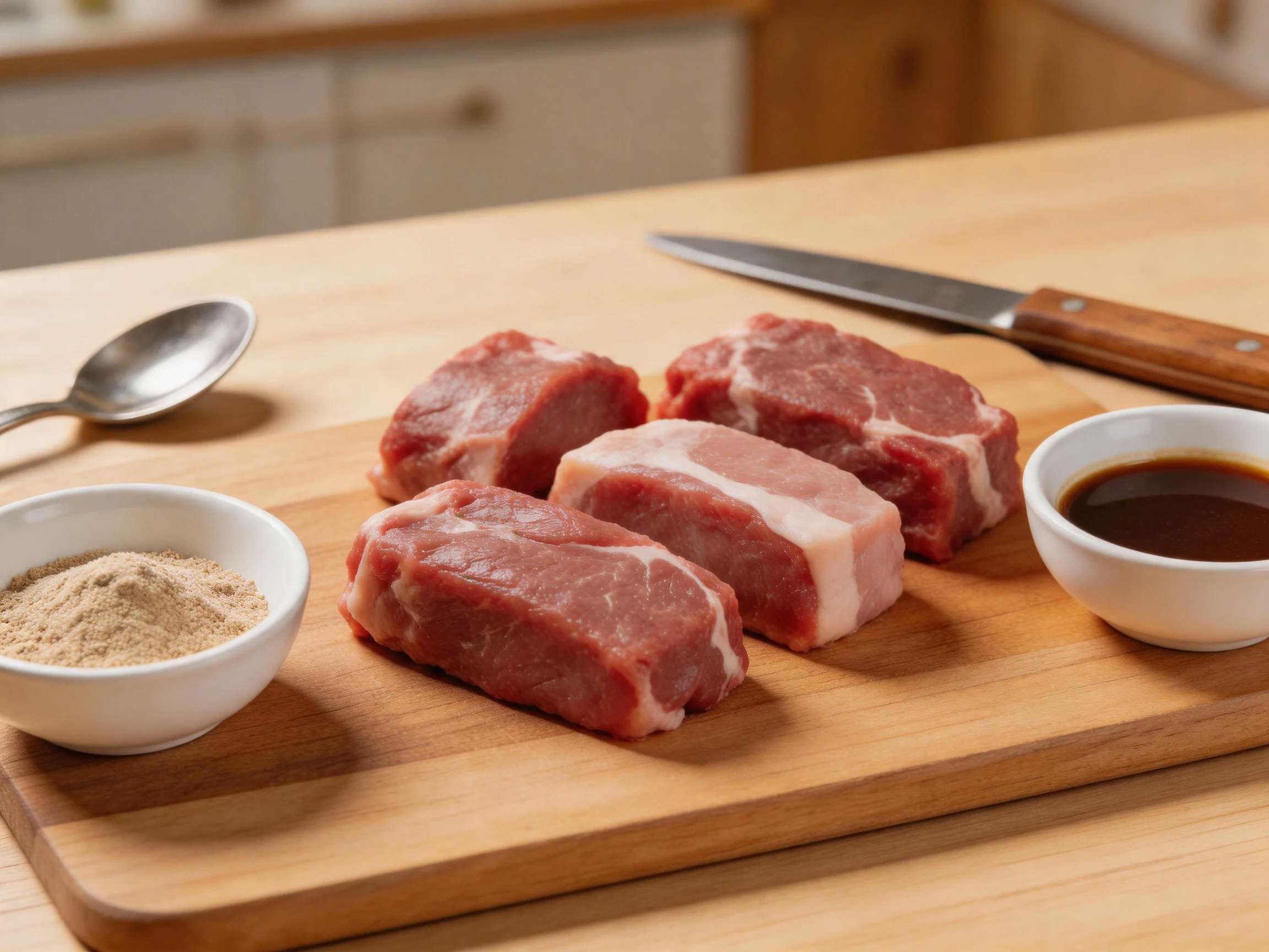 Four raw pork cuts on a wooden cutting board with seasonings