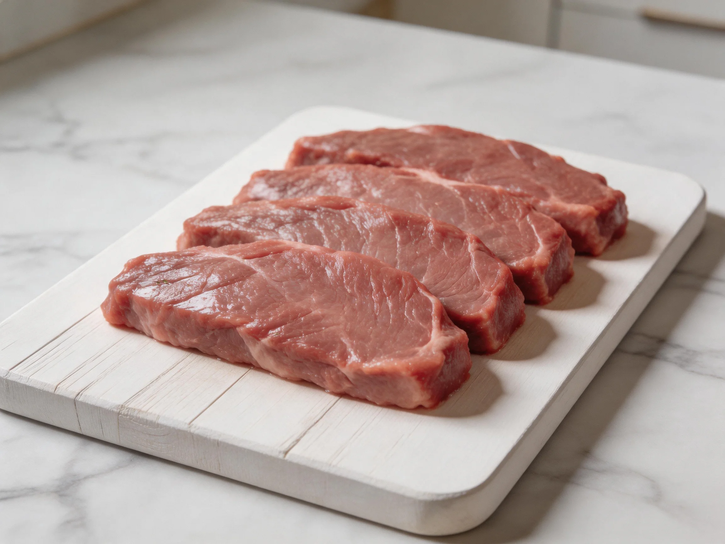 Four raw pork steaks arranged on a white cutting board