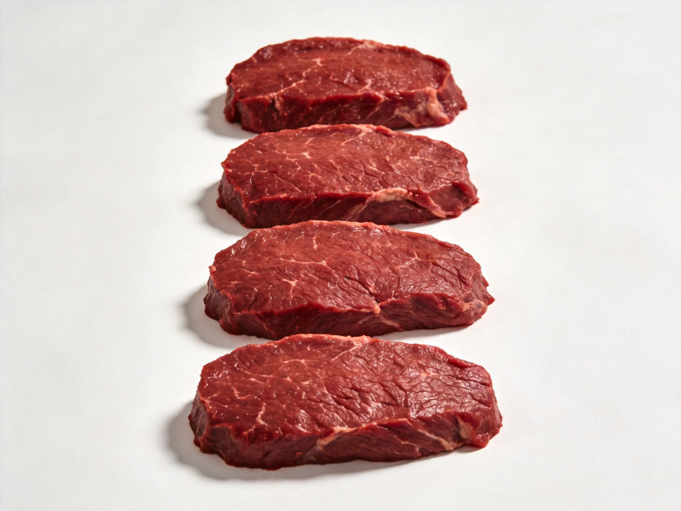 Four raw red beef steaks aligned vertically
