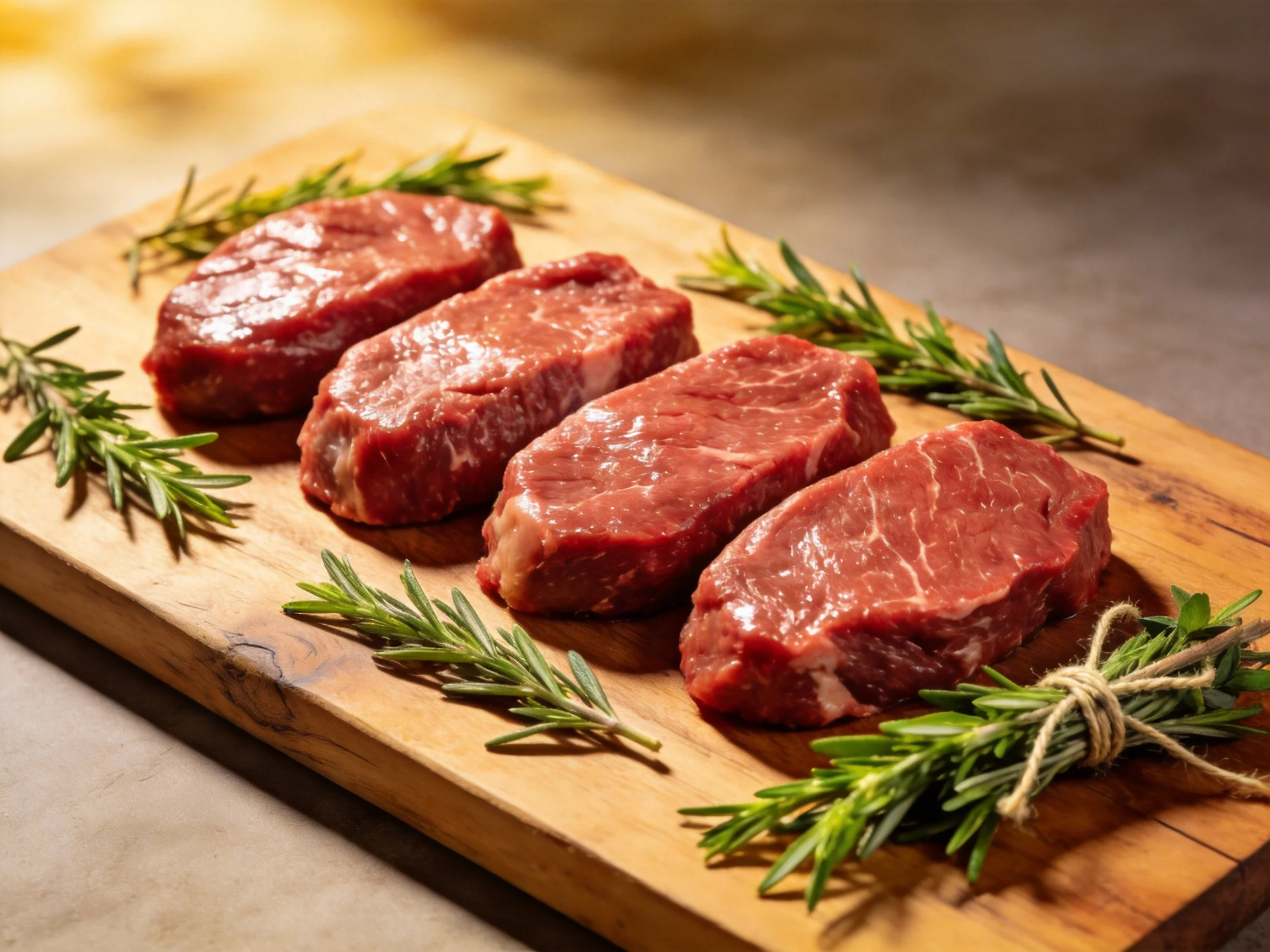 Four raw red steaks arranged on a wooden cutting board with rosemary