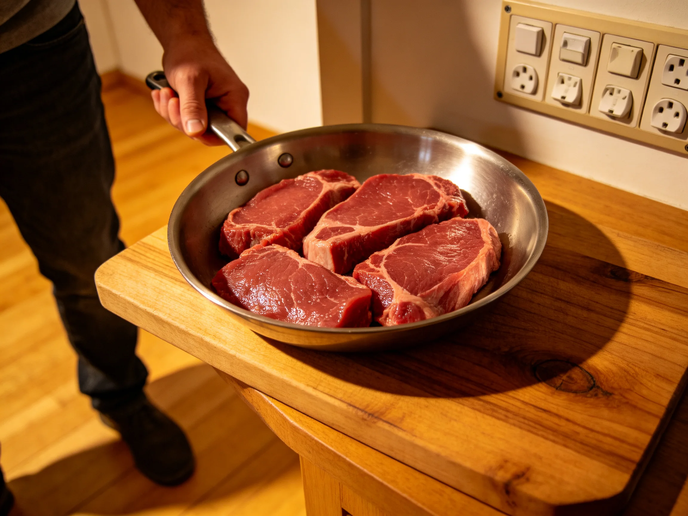 Four raw steaks in a stainless steel pan on a wooden cutting board