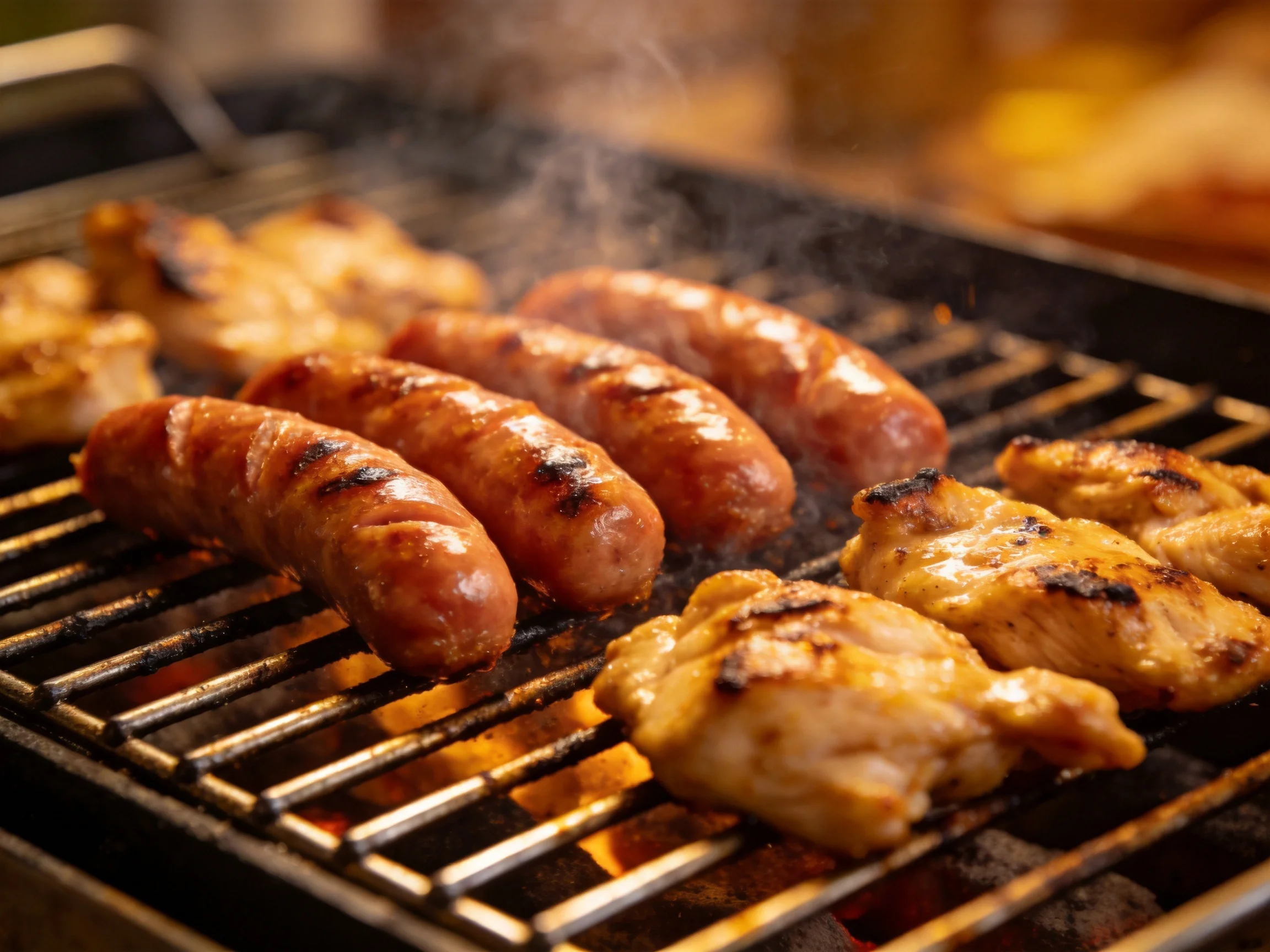 Four sausages and golden chicken grill over a flaming barbecue