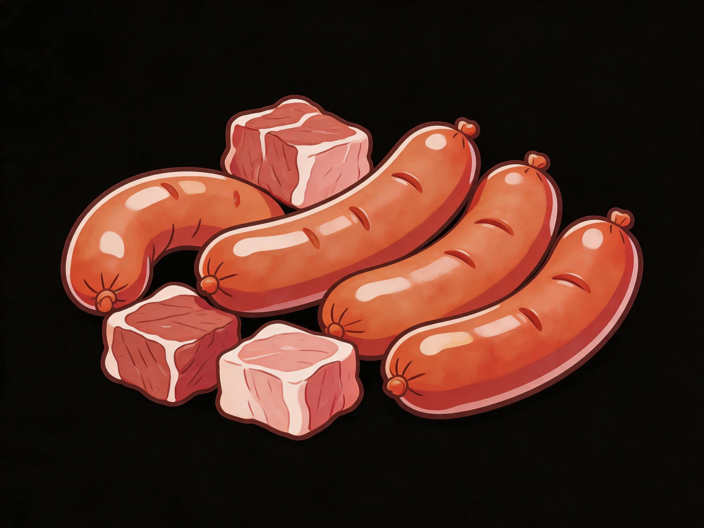 Four sausages and three meat cubes illustrated with rich brown tones