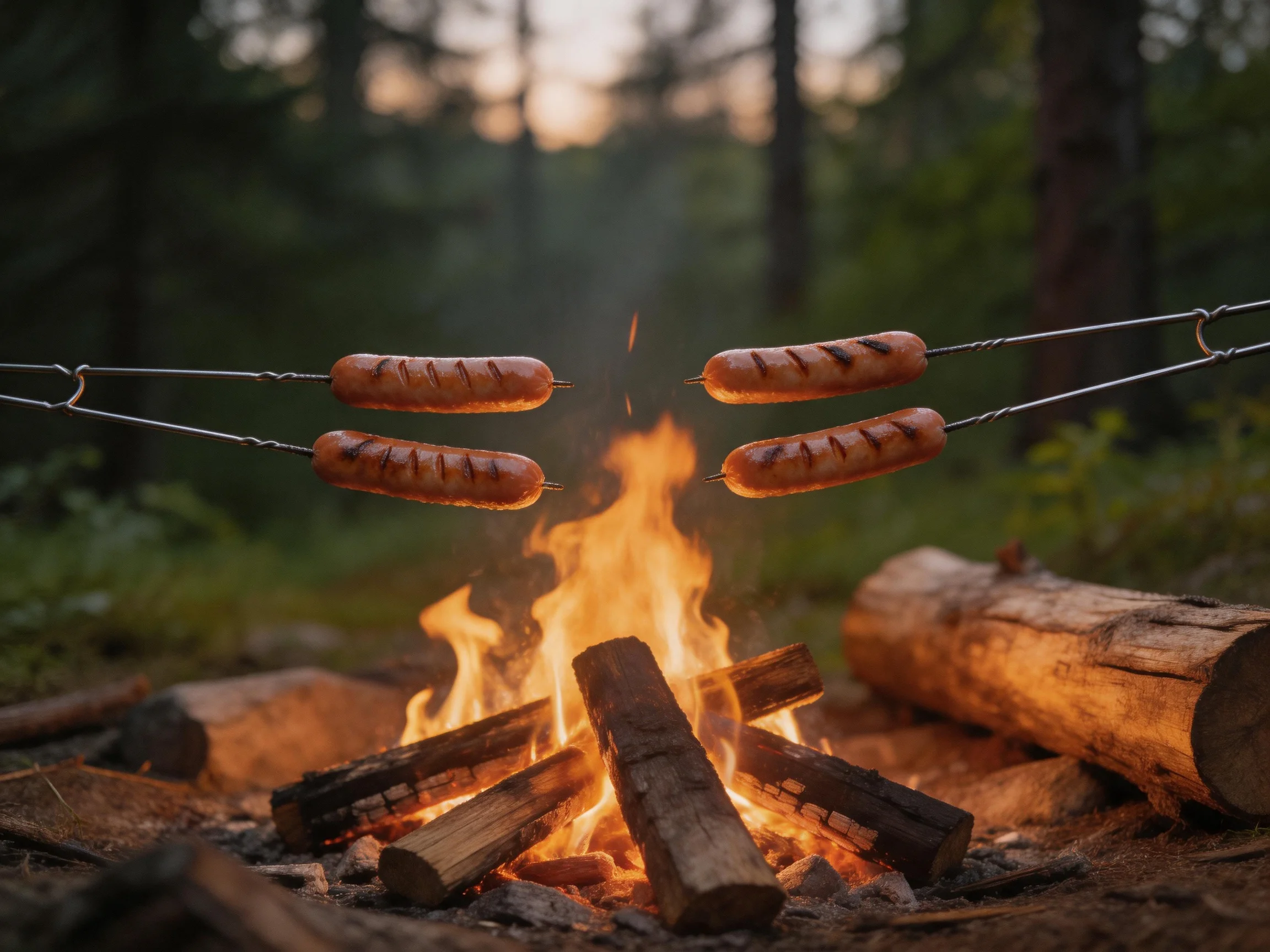 Four sausages roasted over a blazing campfire in a forest
