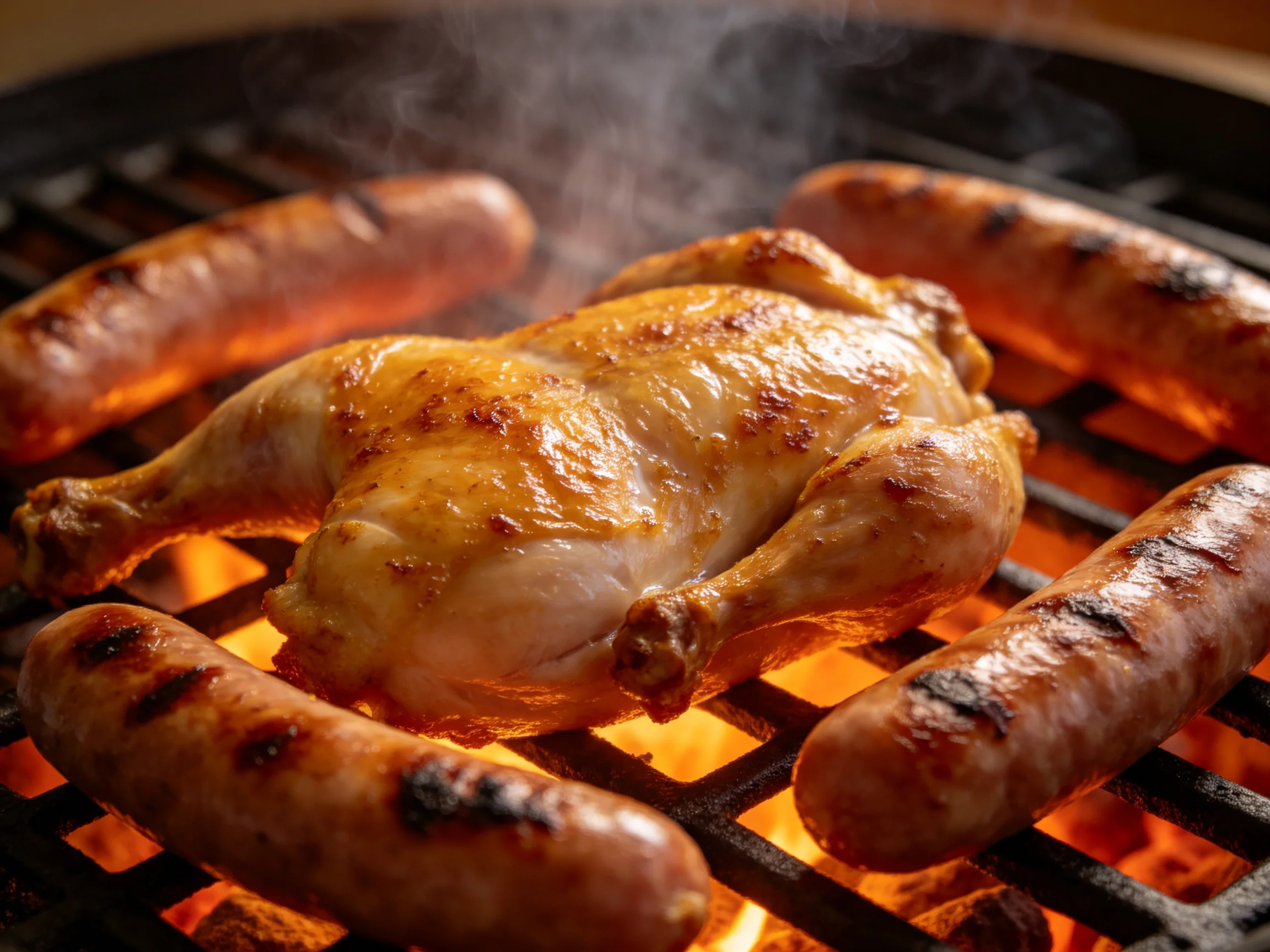 Four sausages surround a golden chicken grilling over bright flames