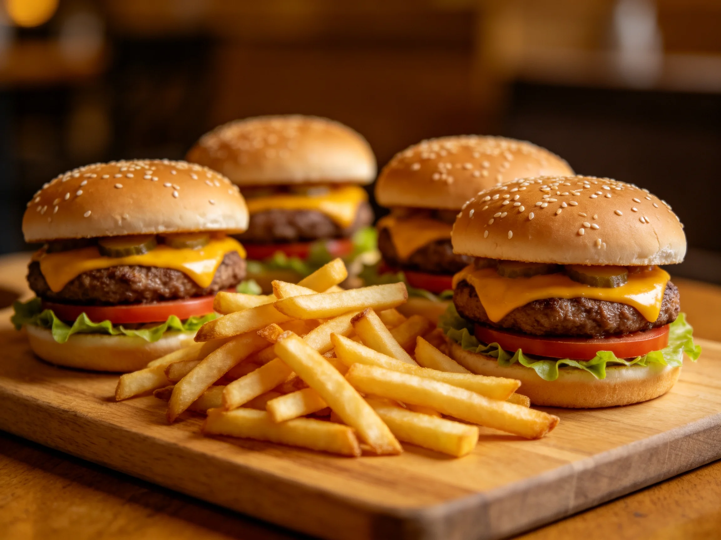 Four sesame-topped cheeseburgers with golden fries on a wooden platter
