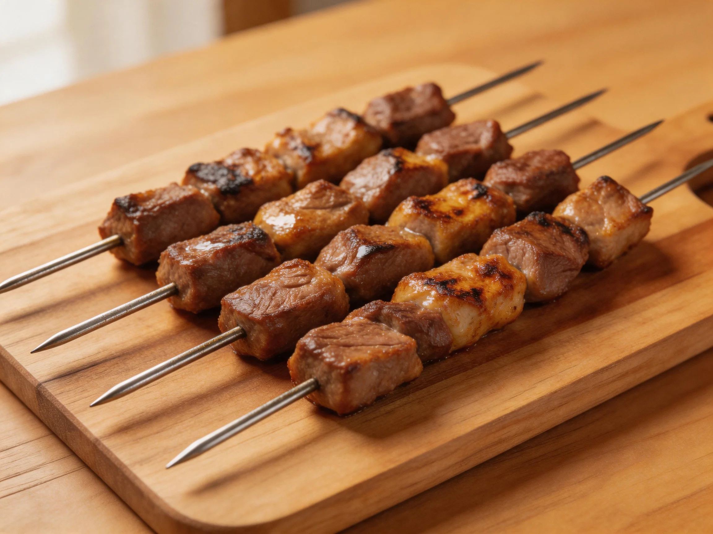 Four skewers of grilled marinated meat on a wooden cutting board
