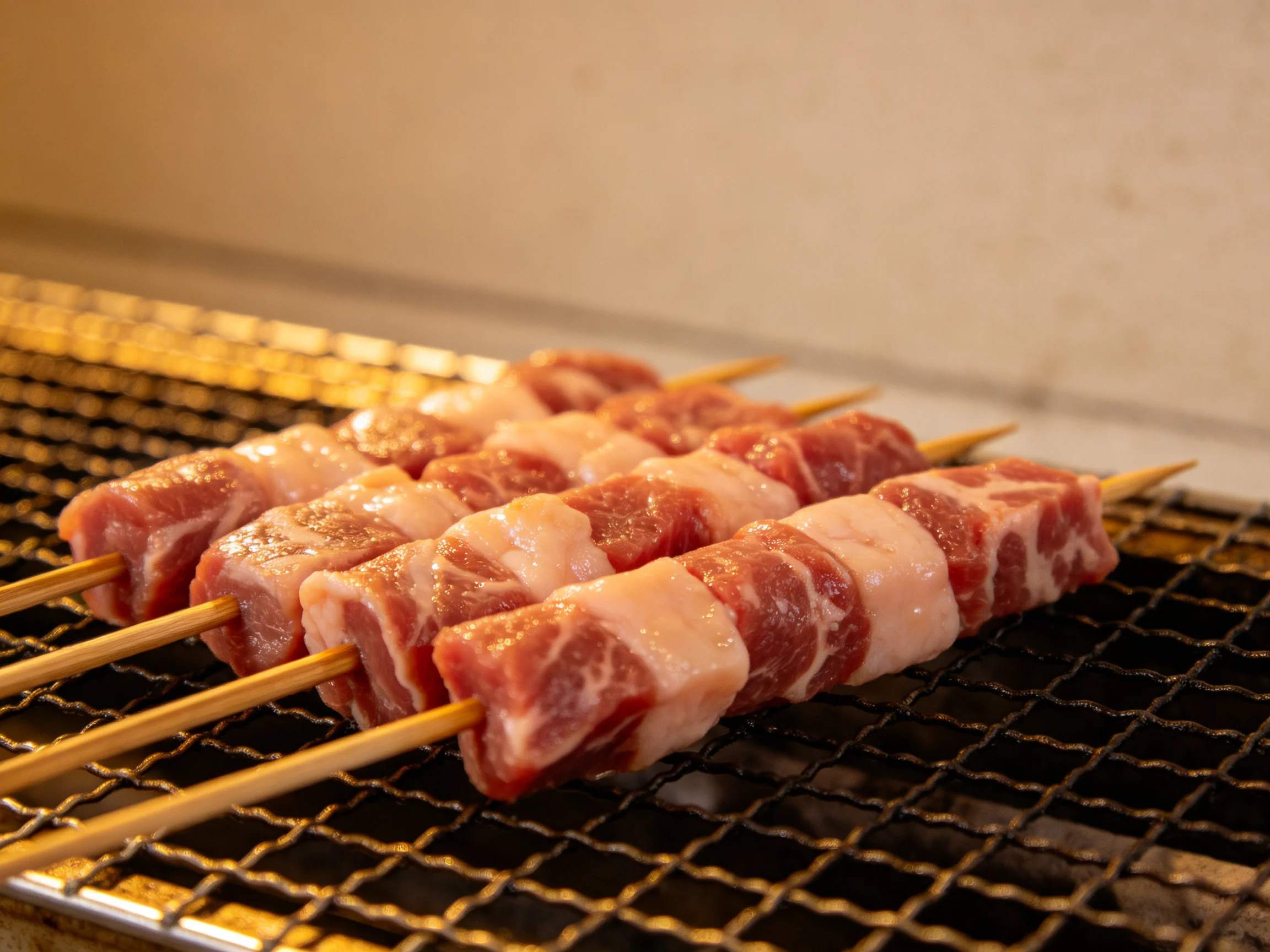 Four skewers of marbled pork and beef cooking on a metal grill