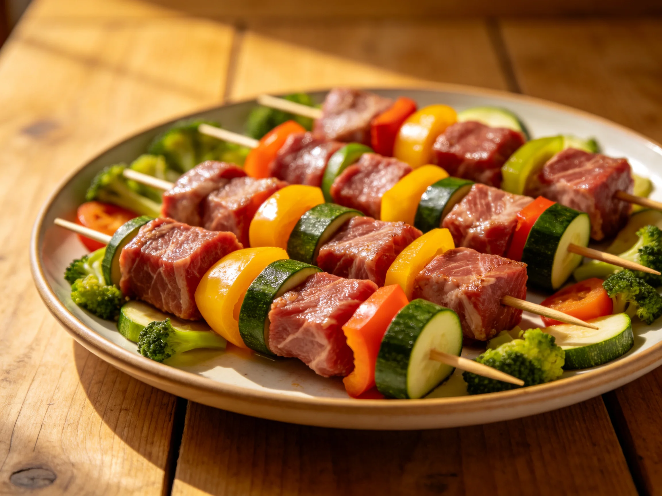 Four skewers of marinated meat and colorful vegetables on a plate