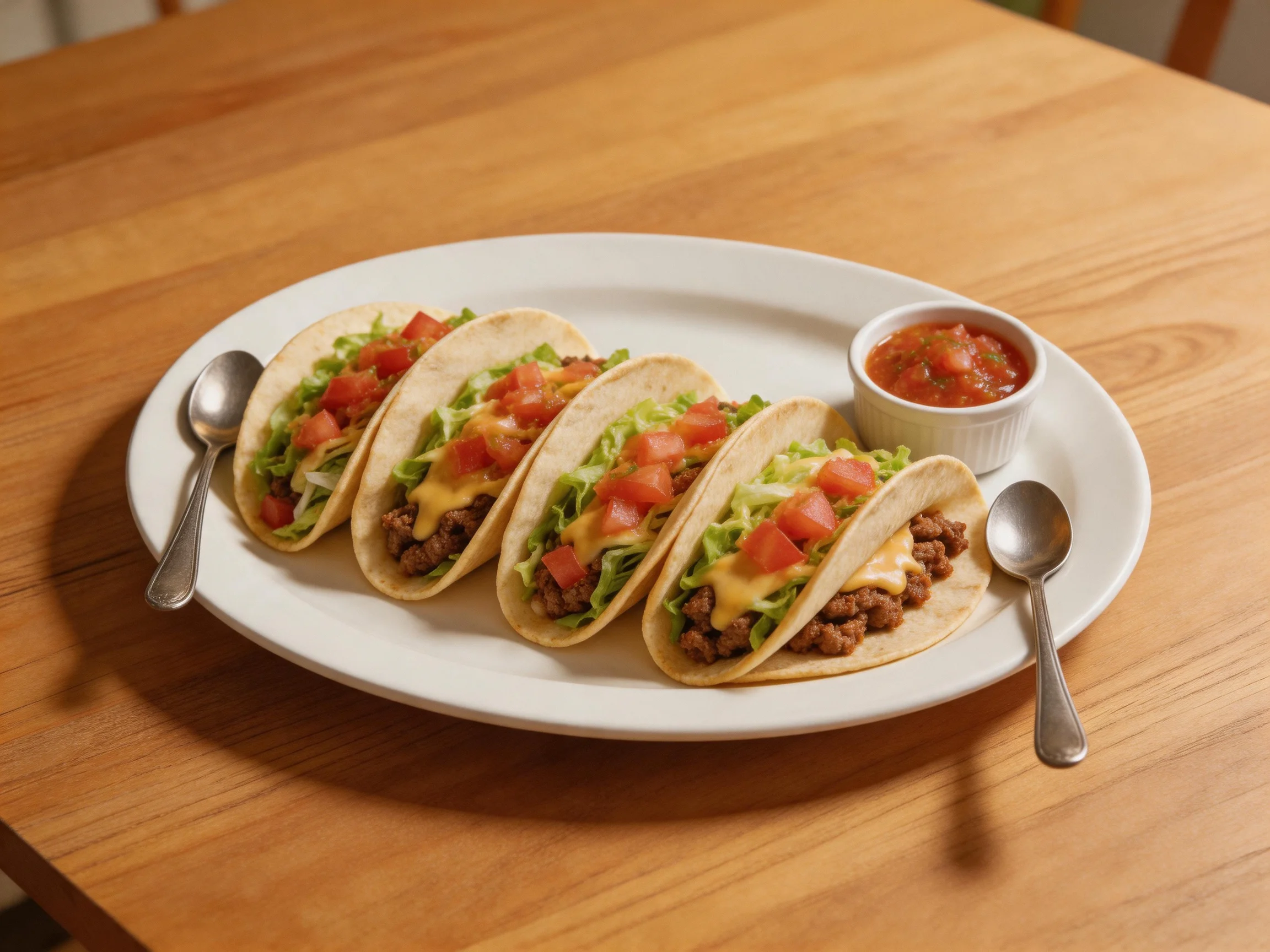 Four soft-shell tacos with lettuce, tomatoes, and cheese on a white platter