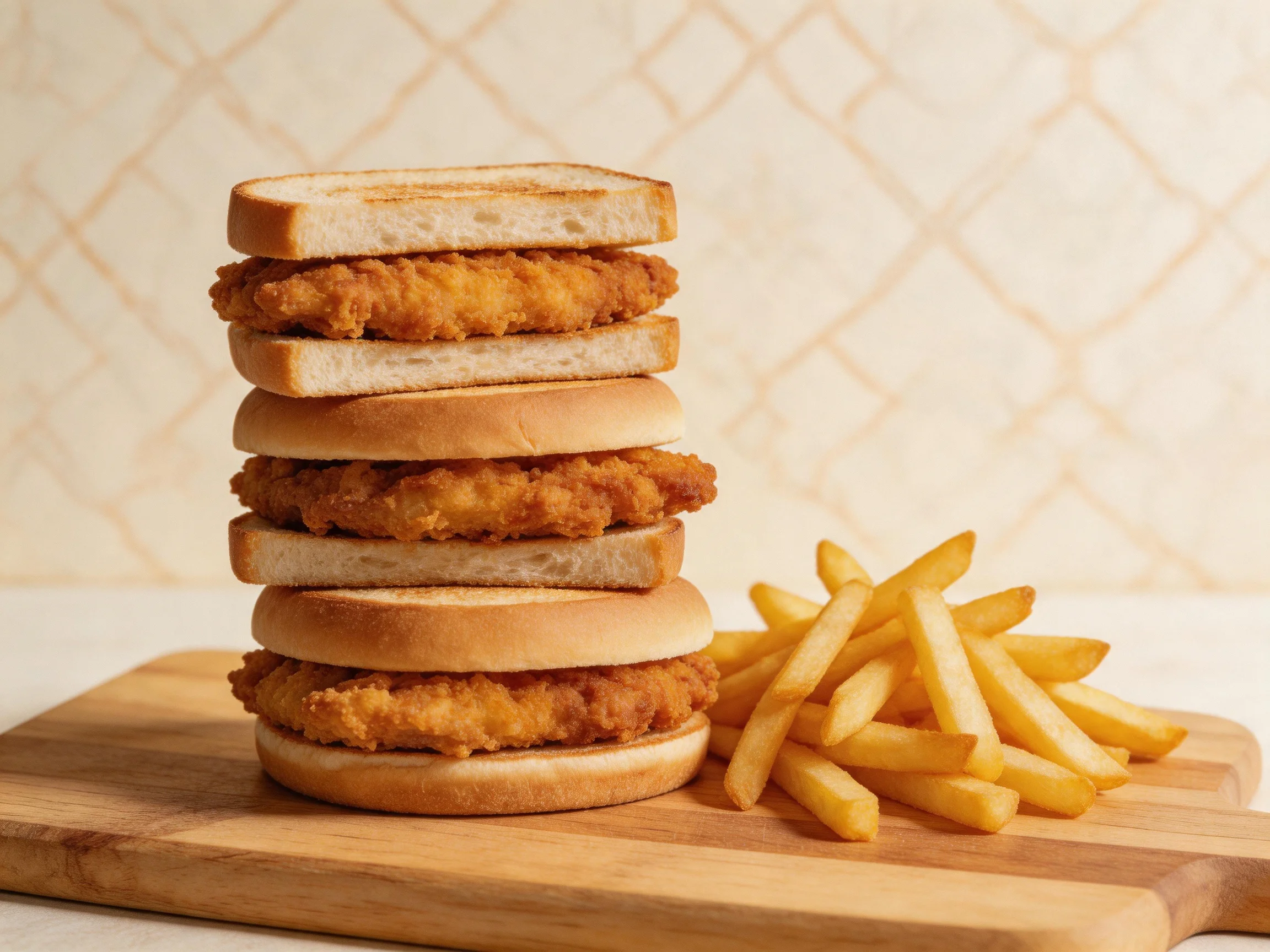 Four stacked fried chicken sandwiches with golden French fries