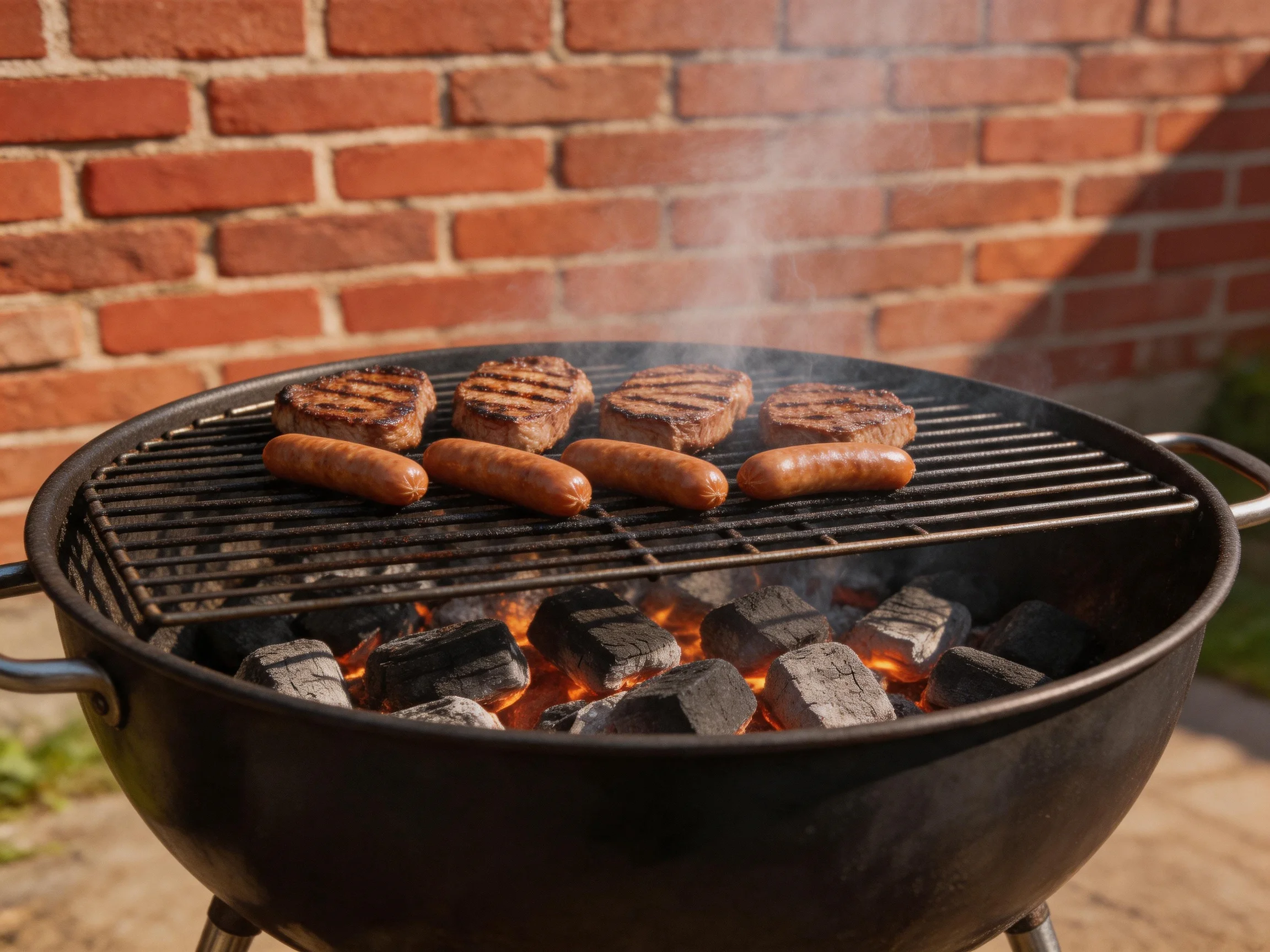 Four steaks and four sausages barbecue on a charcoal-filled round grill near a red brick wall