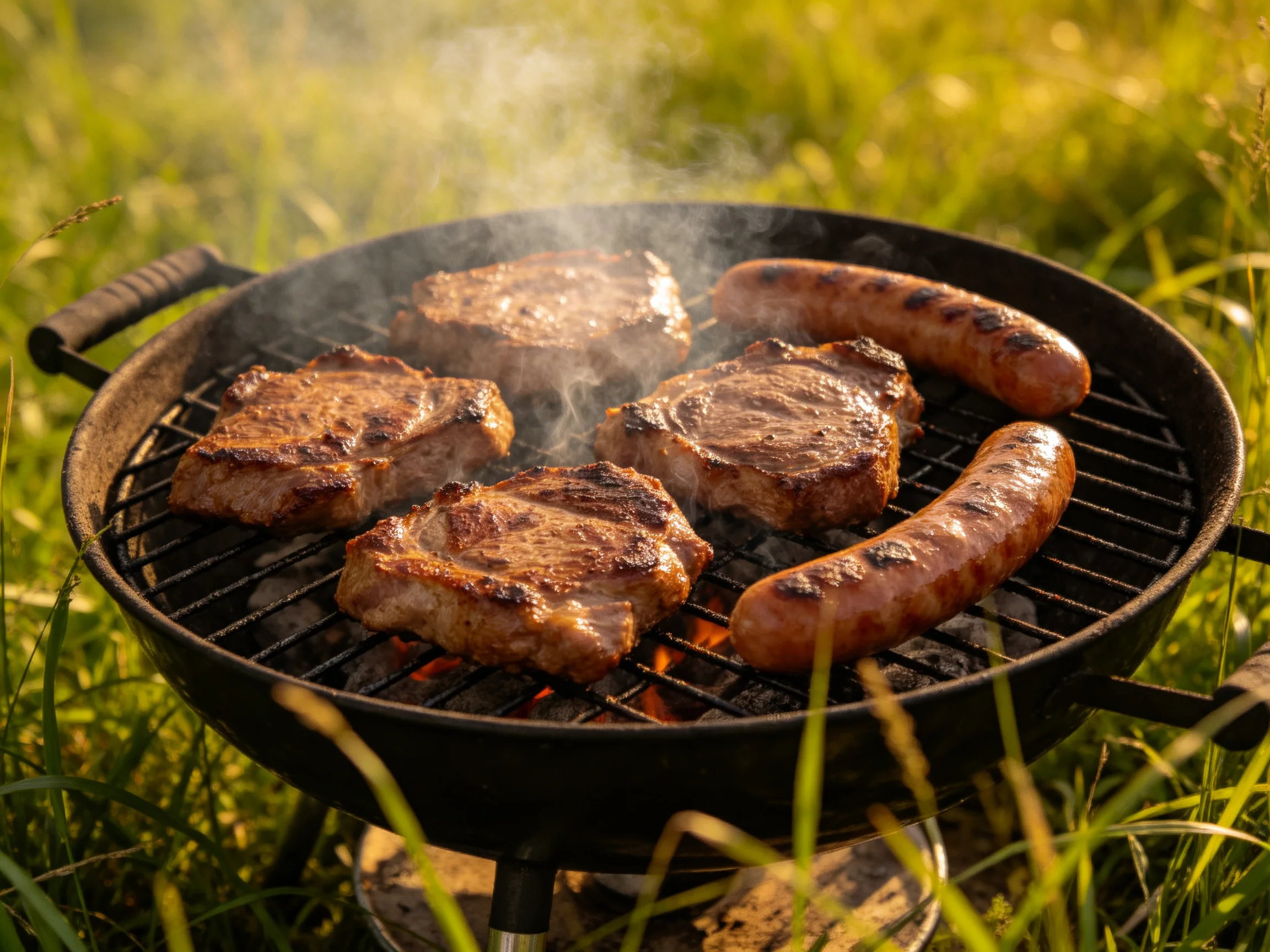Four steaks and two sausages sizzle on a black charcoal grill