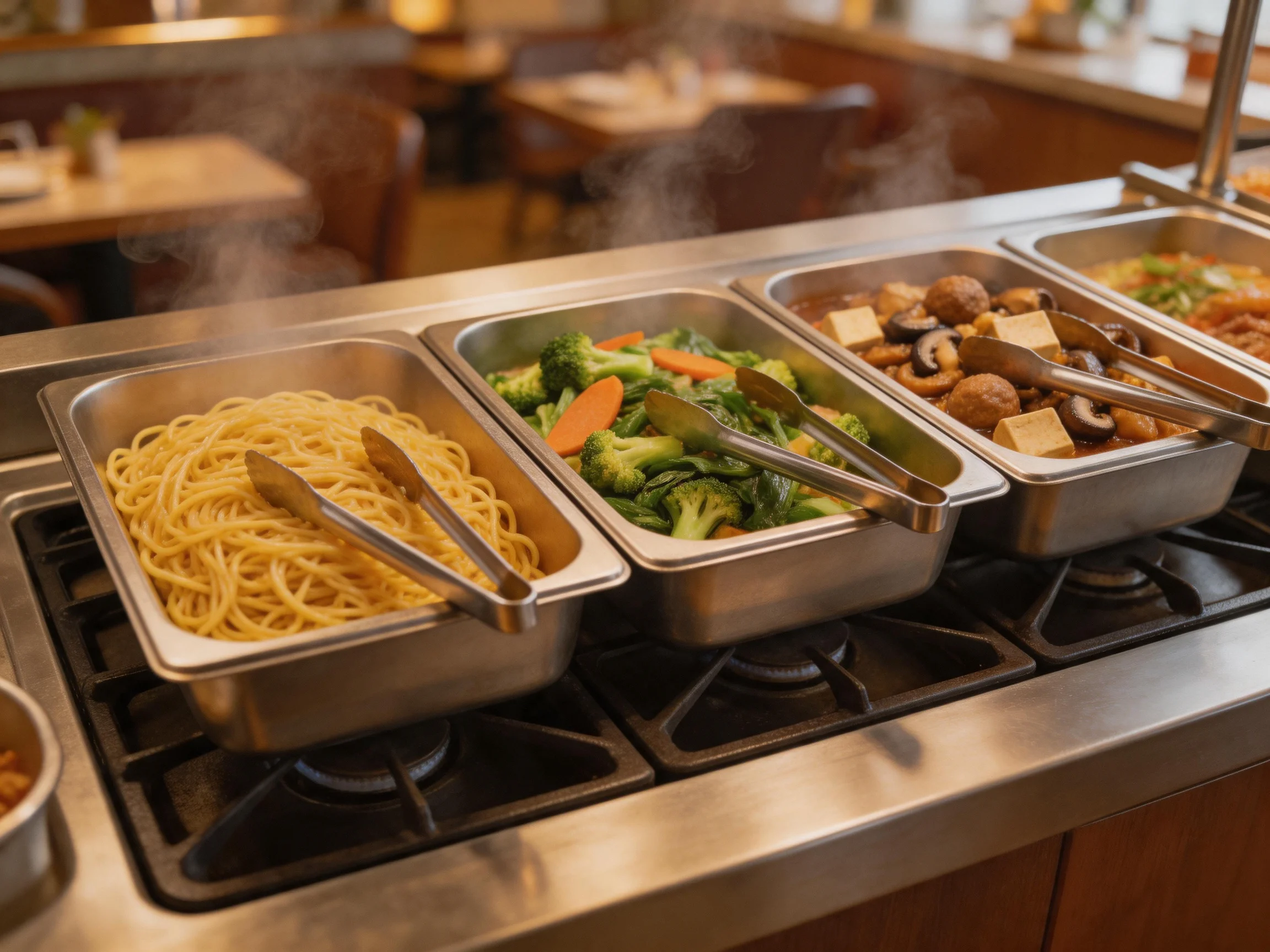 Four steaming metal trays hold pasta, mixed vegetables, and meatball dishes