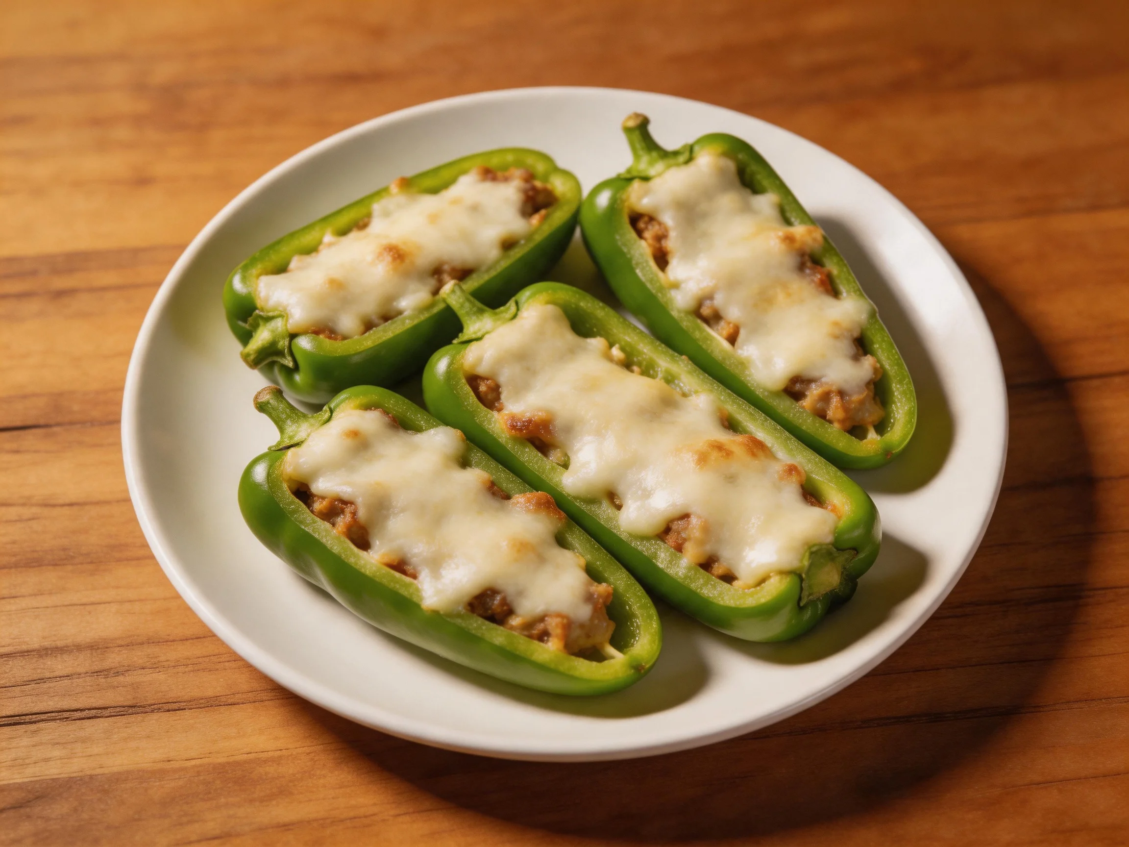 Four stuffed green bell peppers with melted cheese on a white plate