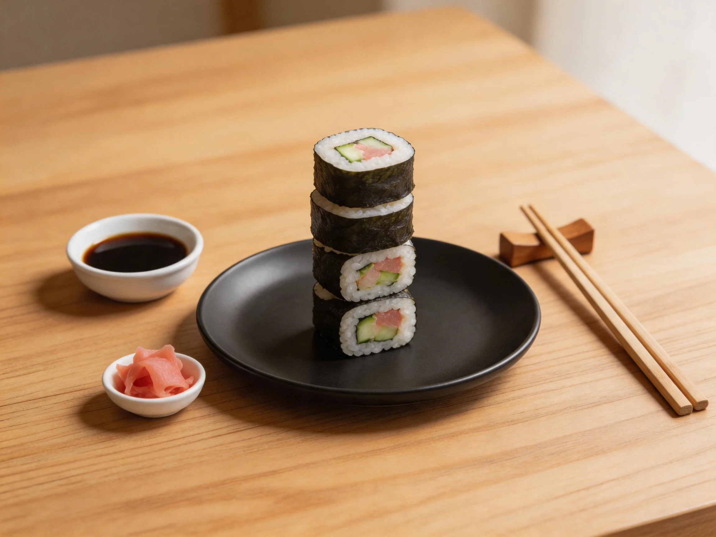 Four sushi rolls stacked on a black plate with soy sauce and pickled ginger