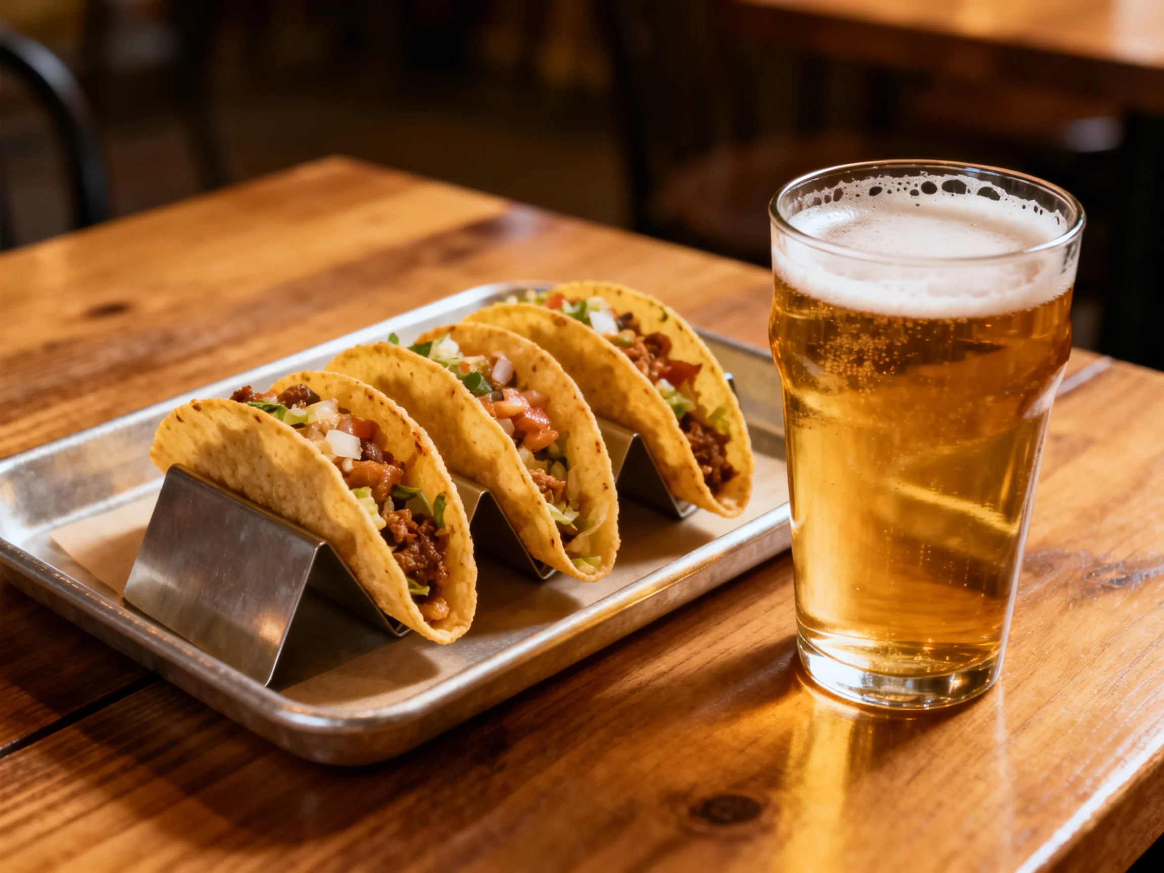 Four tacos served with a glass of golden beer on a wooden table