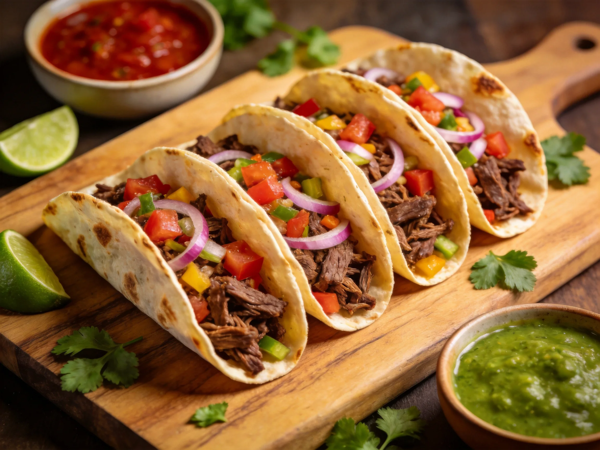 Four tacos with shredded beef and veggies on a wooden board