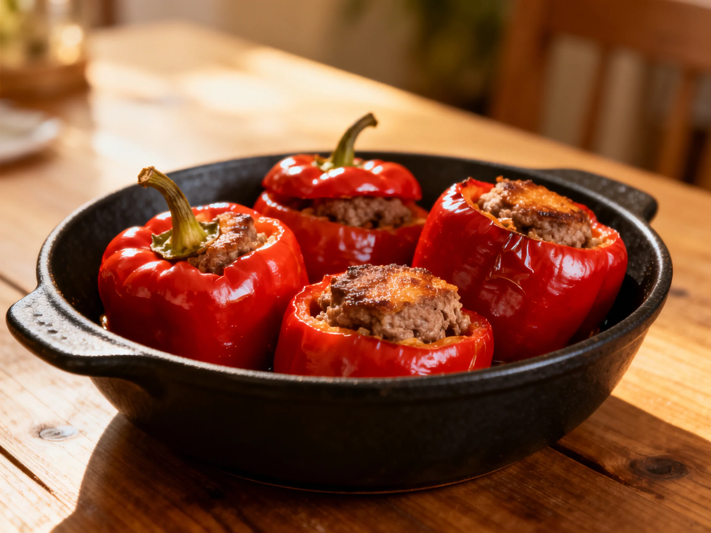Four vibrant red stuffed peppers in a cast iron dish