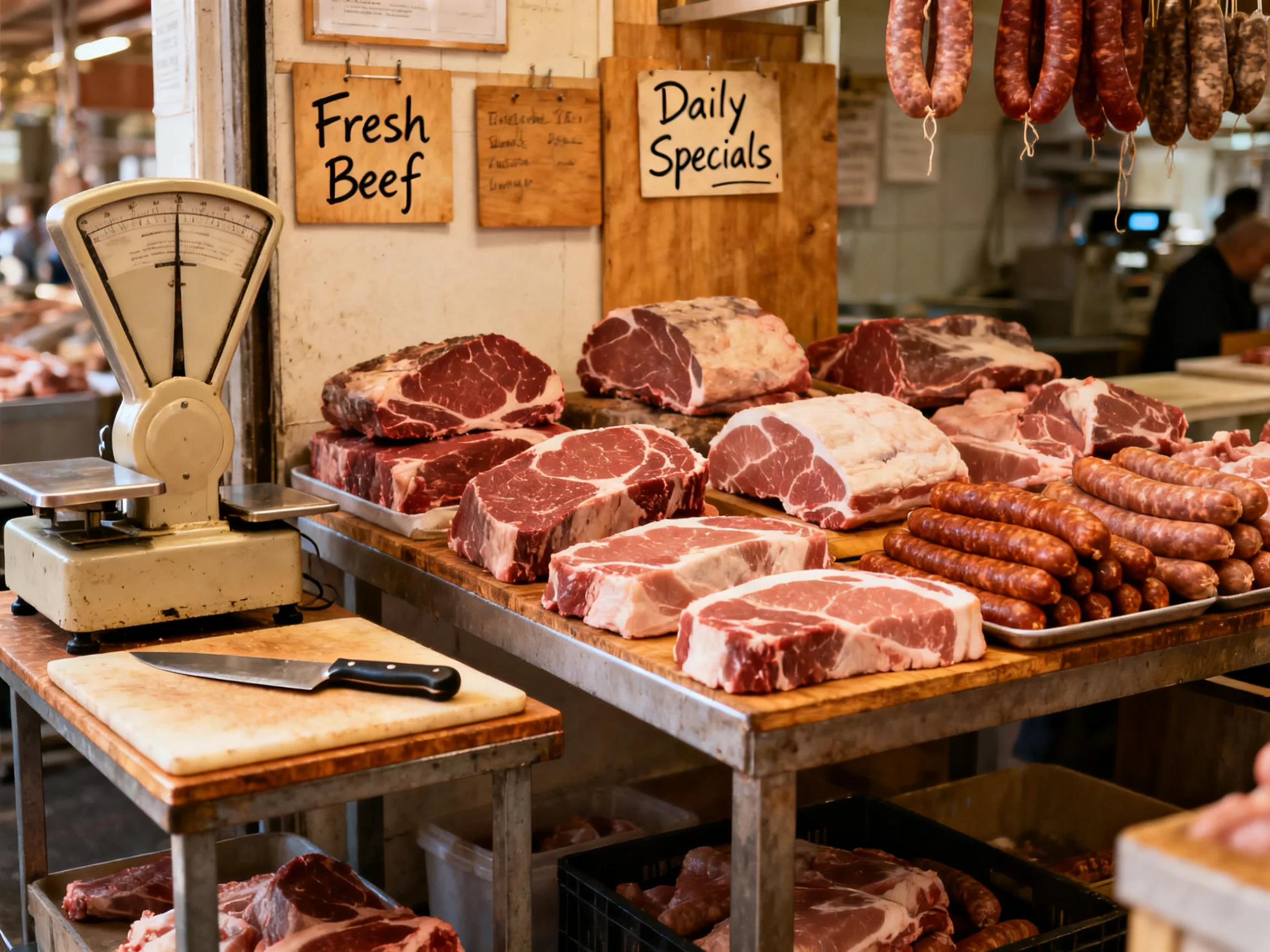 Fresh Beef and Sausage Display at a Market Stall