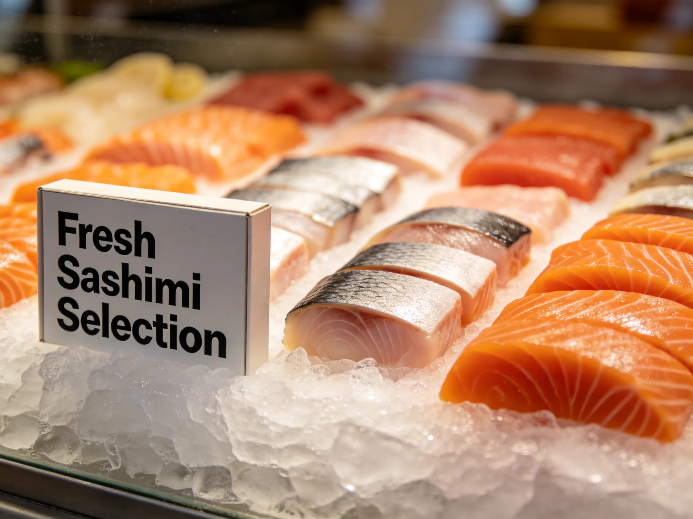 Fresh Sashimi Selection with assorted colored fish slices on ice
