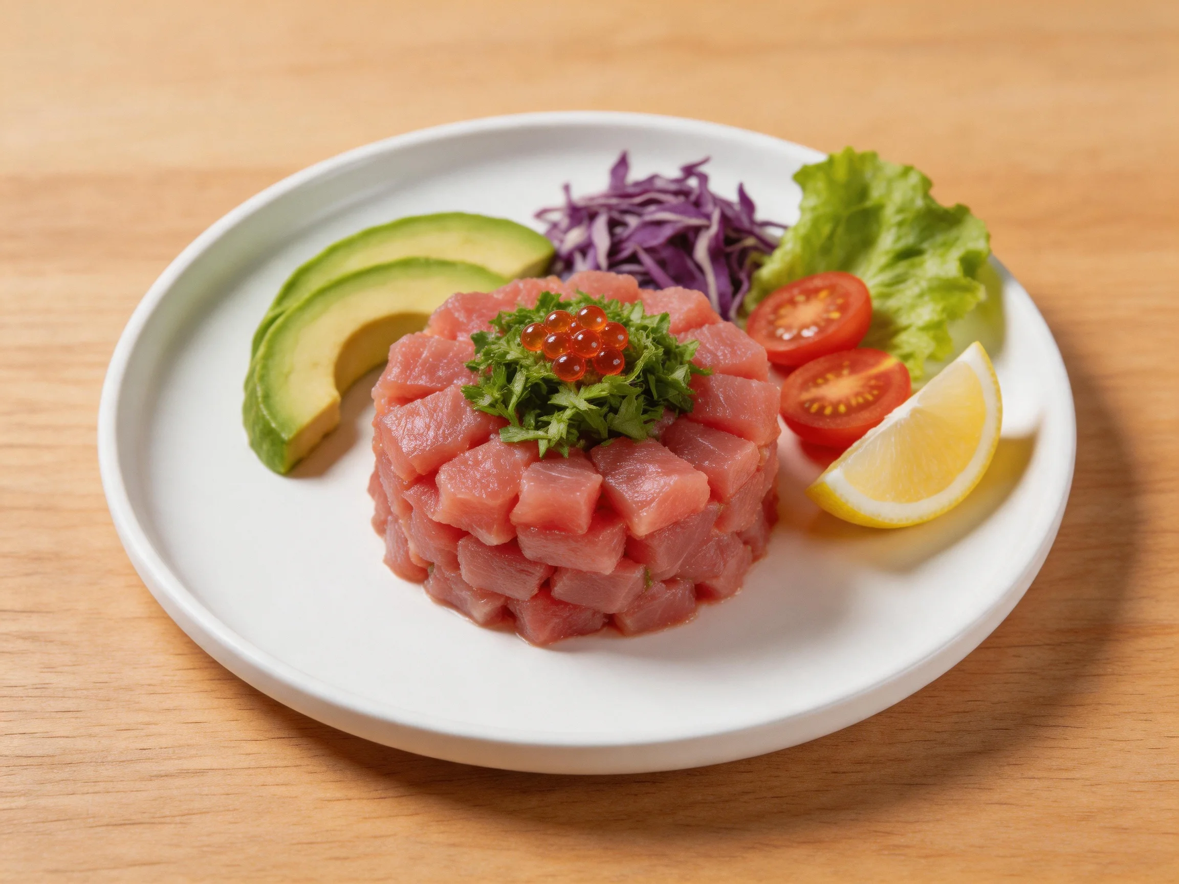 Fresh Tuna Tartare with Avocado, Cabbage, Tomatoes, and Lemon