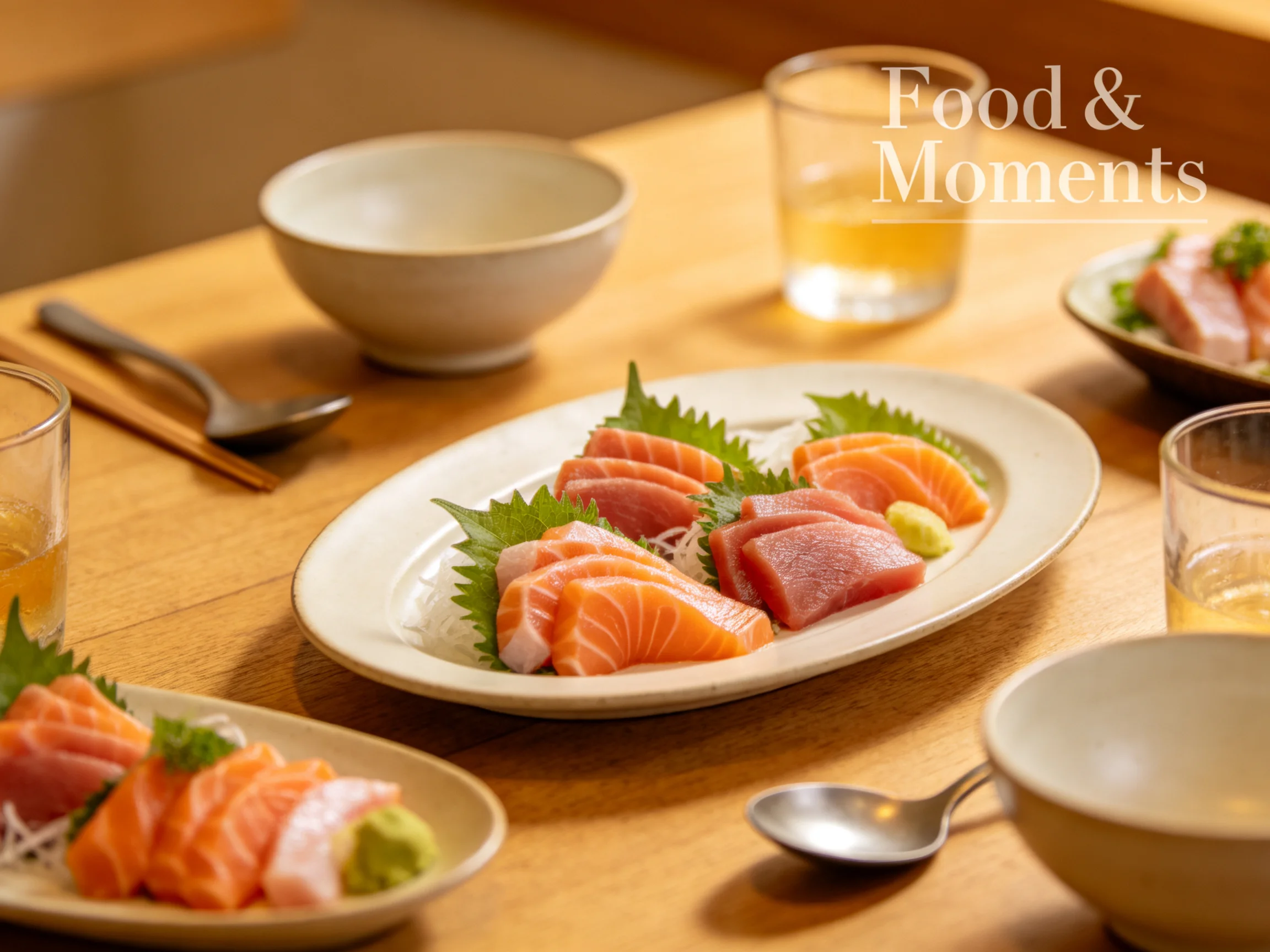 Fresh assorted sashimi plates on a wooden table with drinkware