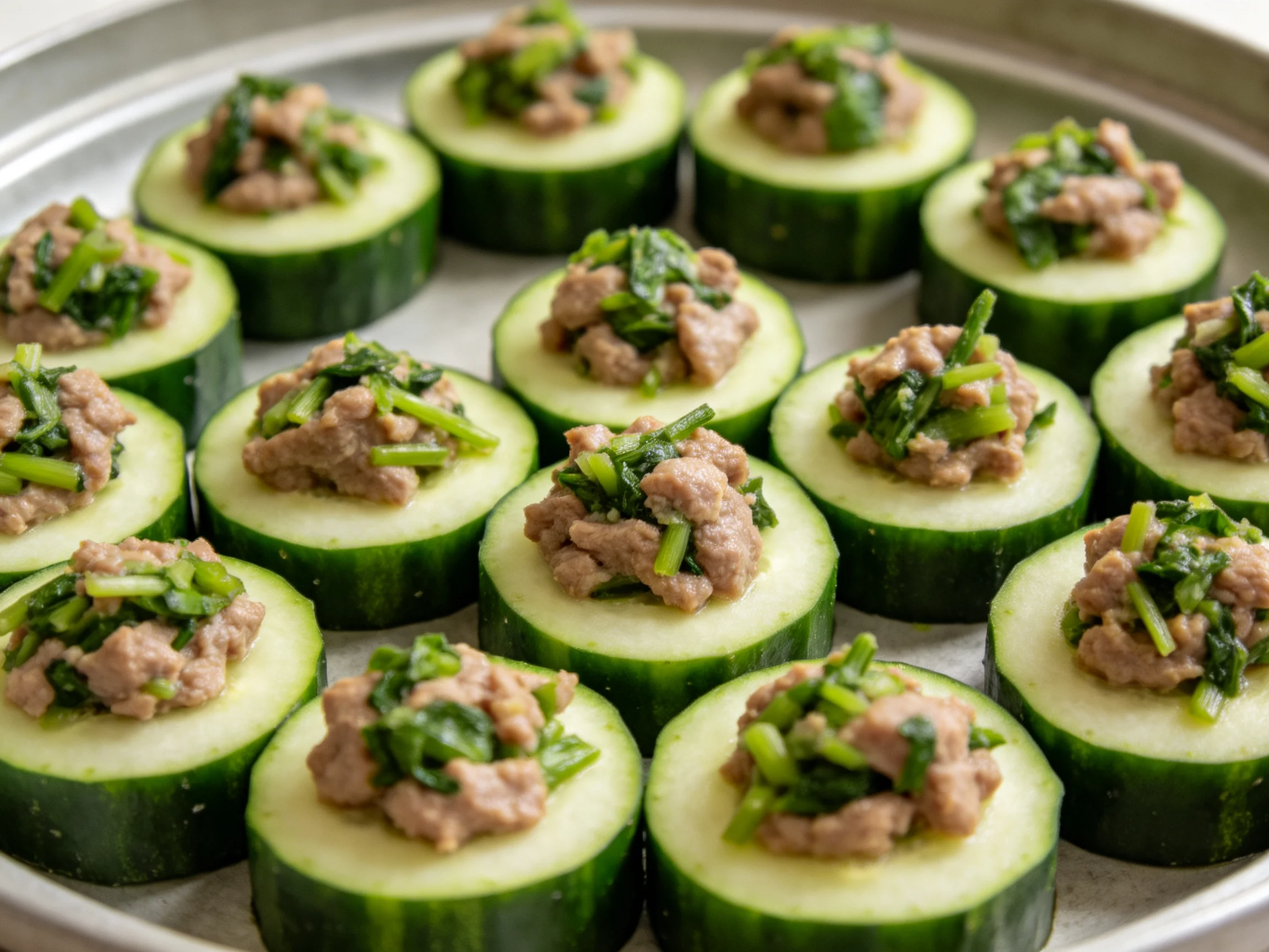 Fresh cucumber rounds stuffed with ground meat and herbs