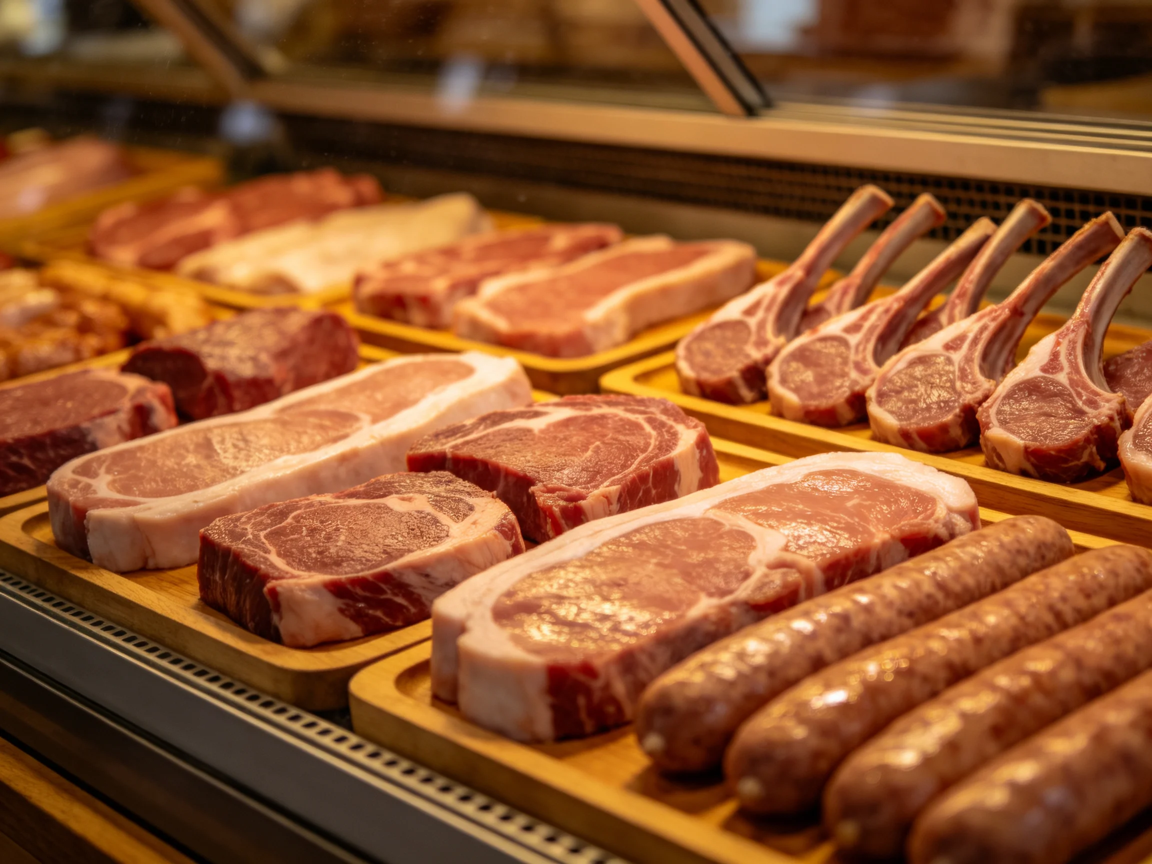 Fresh cuts of assorted meats displayed in wooden trays under warm lighting