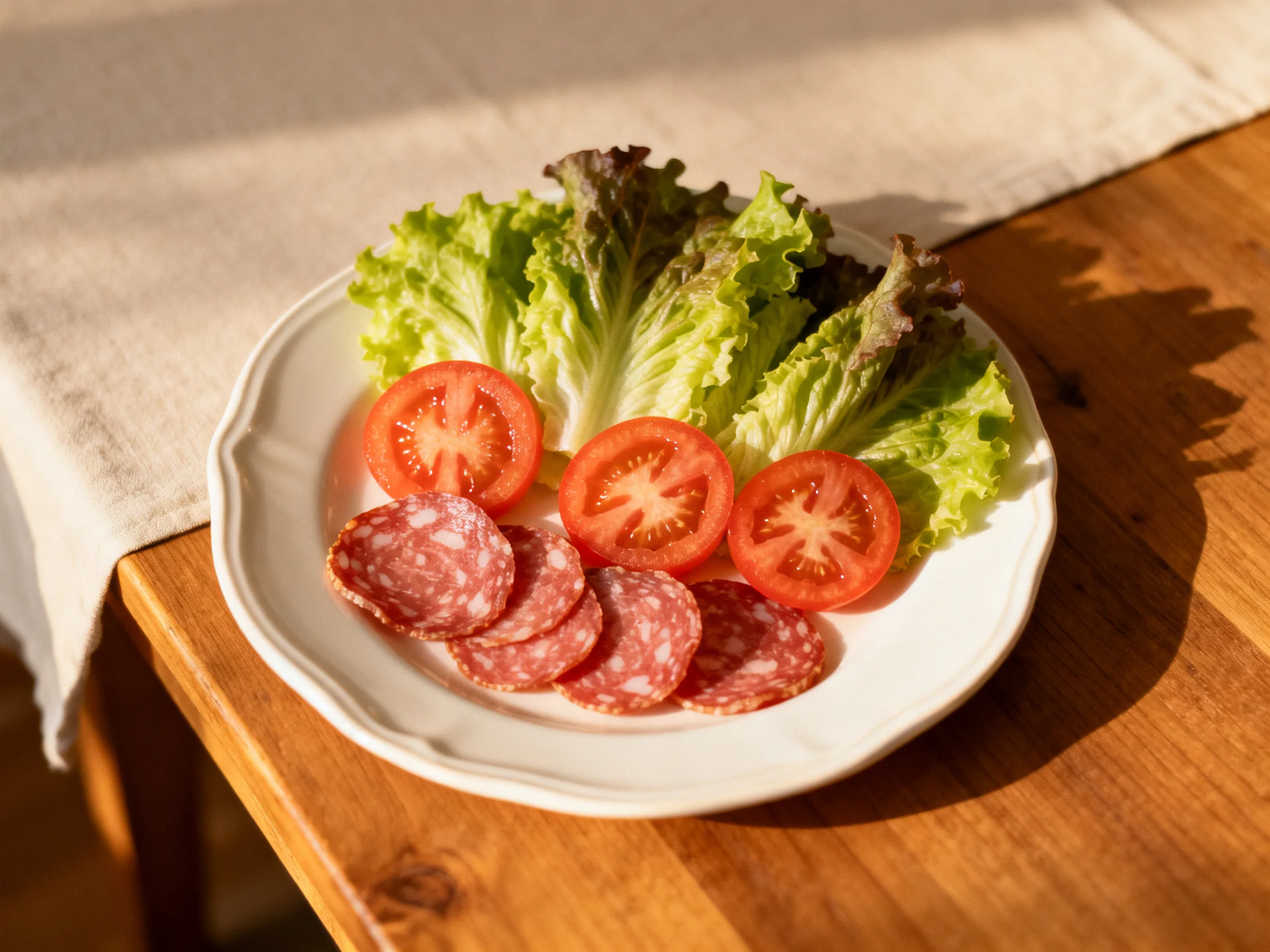 Fresh green lettuce, red tomatoes, and sliced salami on a white plate
