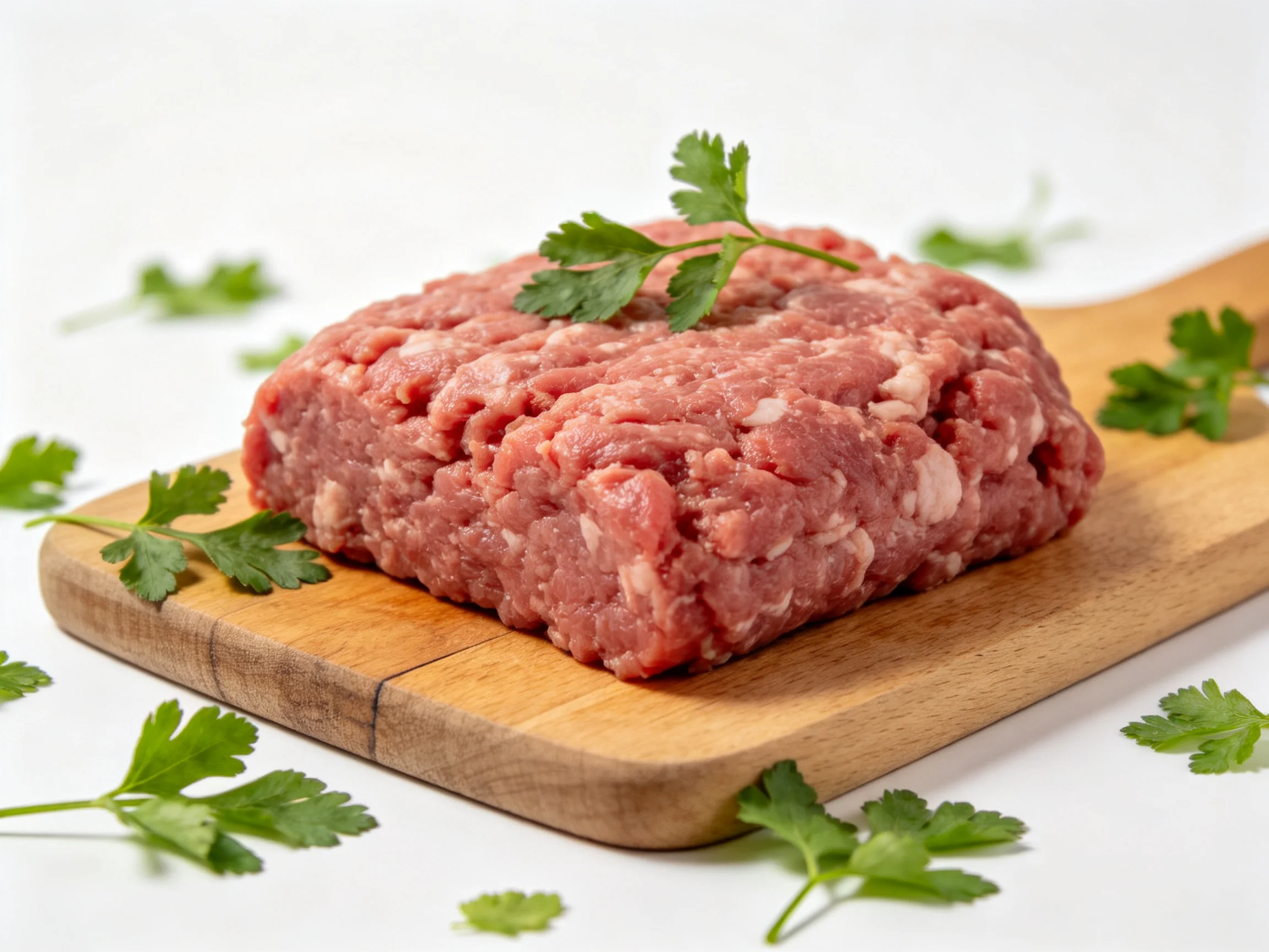 Fresh ground meat on wooden cutting board with parsley garnish